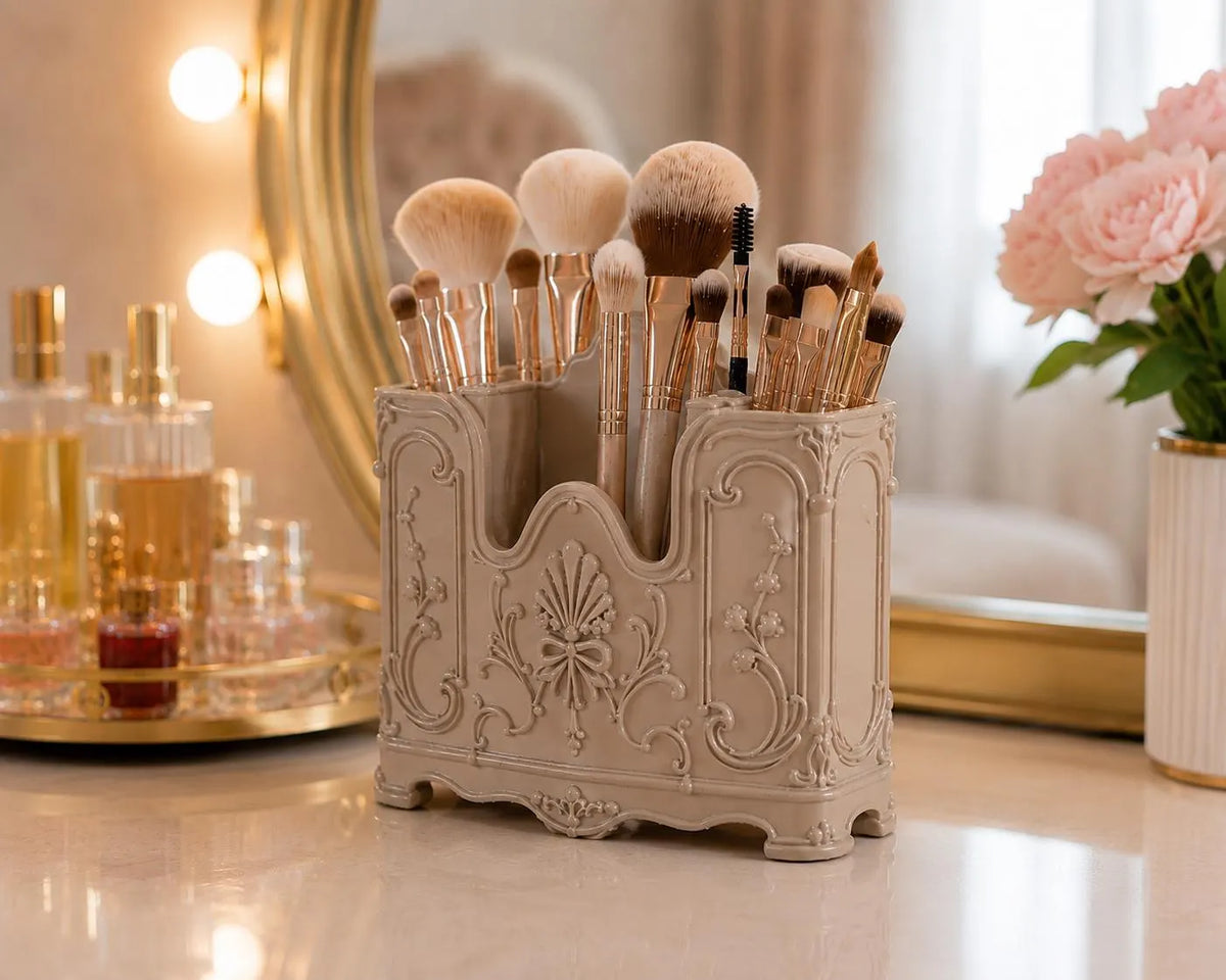 Elegant Beige Makeup Brush Holder, Vanity Organizer, Rococo Makeup Brush Storage, French Vintage Vanity Decor, Beauty Desk Organizer, Decor