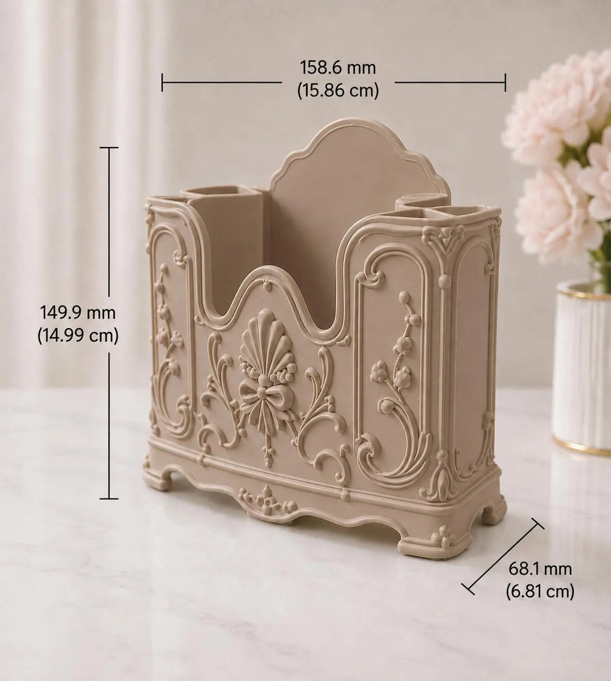 Elegant Beige Makeup Brush Holder, Vanity Organizer, Rococo Makeup Brush Storage, French Vintage Vanity Decor, Beauty Desk Organizer, Decor