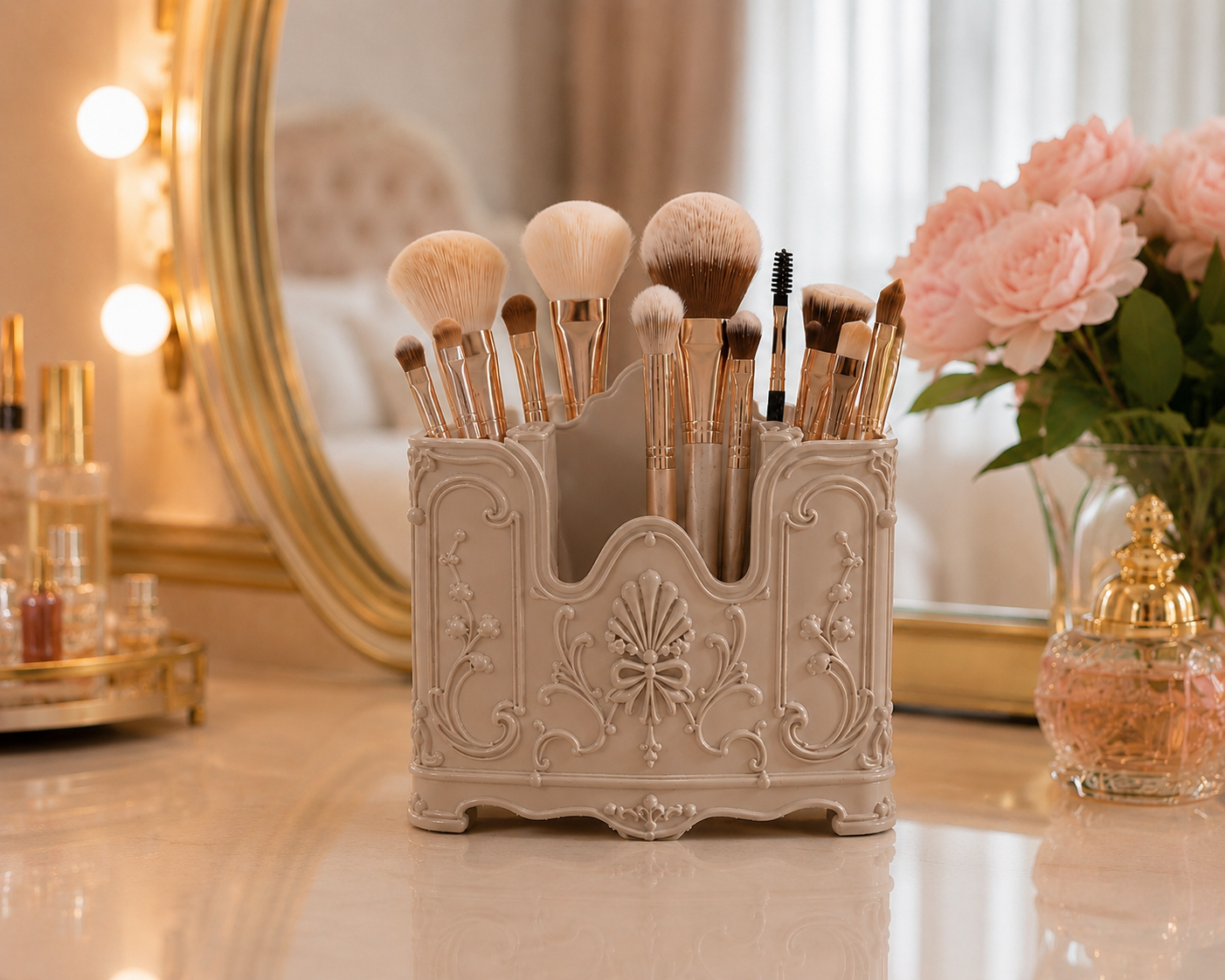 Elegant Beige Makeup Brush Holder, Vanity Organizer, Rococo Makeup Brush Storage, French Vintage Vanity Decor, Beauty Desk Organizer, Decor