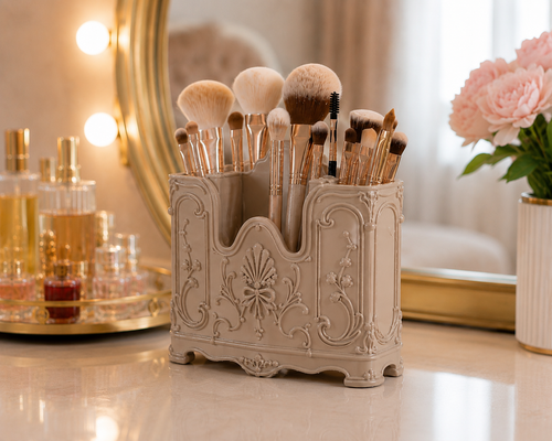 Elegant Beige Makeup Brush Holder, Vanity Organizer, Rococo Makeup Brush Storage, French Vintage Vanity Decor, Beauty Desk Organizer, Decor