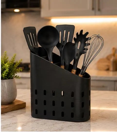 3 Compartment Kitchen Utensil Holder, Modern Countertop Utensil Organizer, 3D Printed Kitchen Tool Caddy, Spoon & Spatula Storage, Drainage