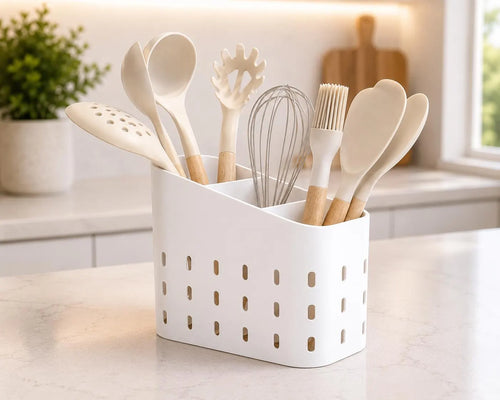 3 Compartment Kitchen Utensil Holder, Modern Countertop Utensil Organizer, 3D Printed Kitchen Tool Caddy, Spoon & Spatula Storage, Drainage