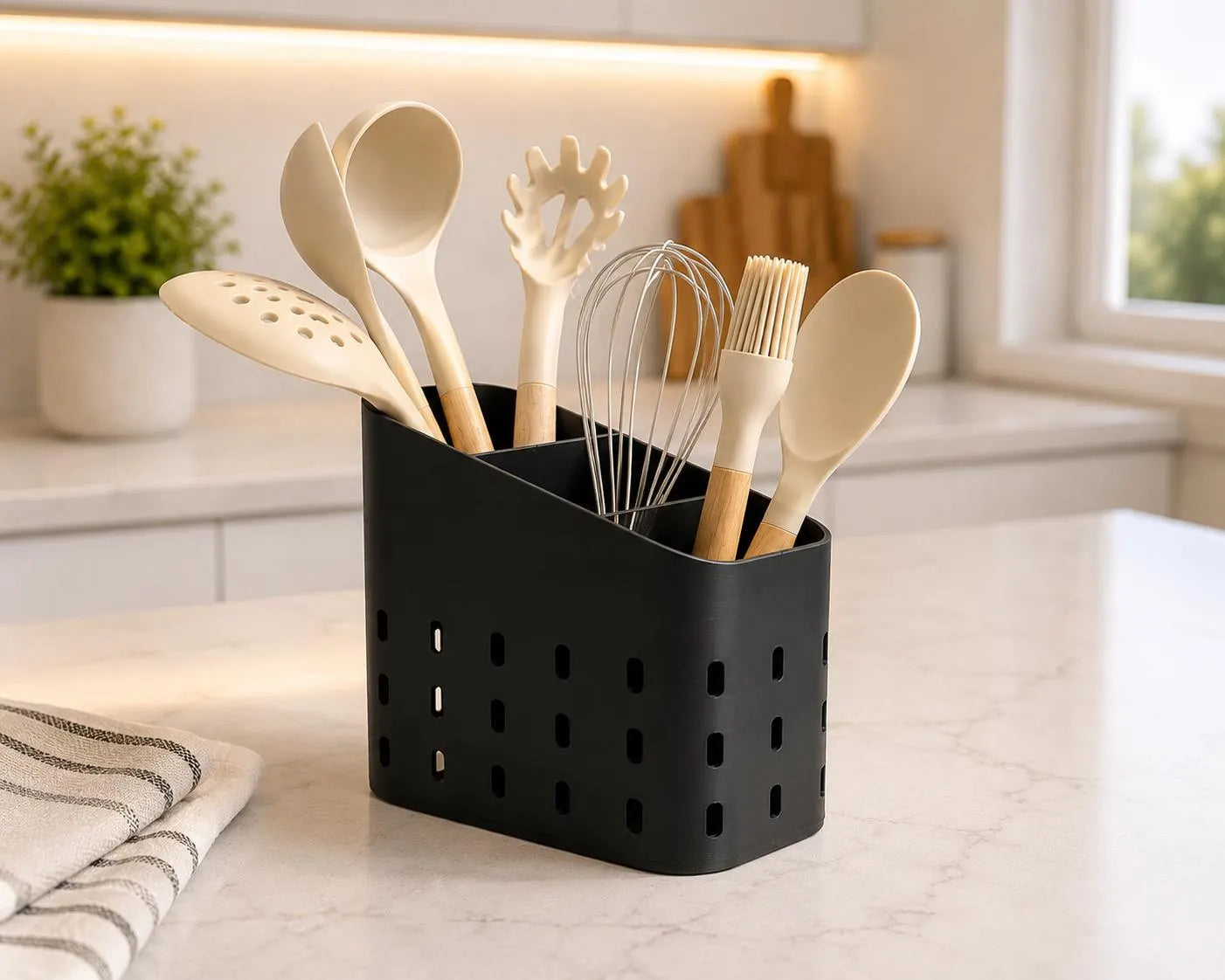 3 Compartment Kitchen Utensil Holder, Modern Countertop Utensil Organizer, 3D Printed Kitchen Tool Caddy, Spoon & Spatula Storage, Drainage