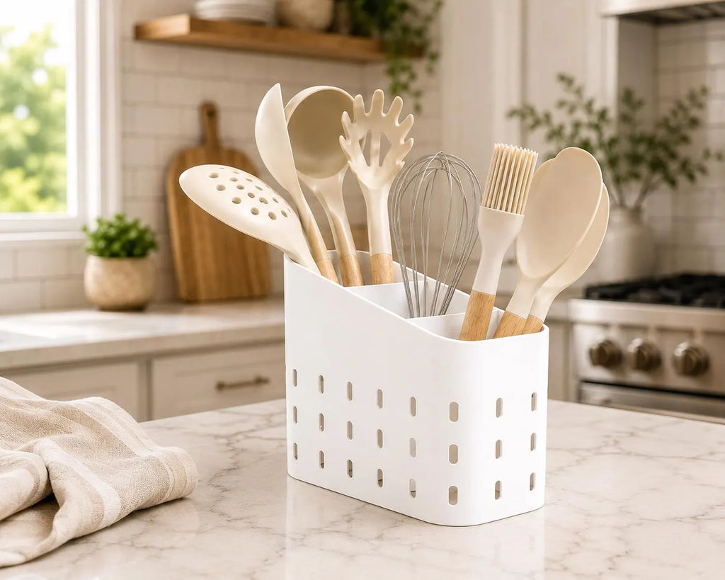 3 Compartment Kitchen Utensil Holder, Modern Countertop Utensil Organizer, 3D Printed Kitchen Tool Caddy, Spoon & Spatula Storage, Drainage