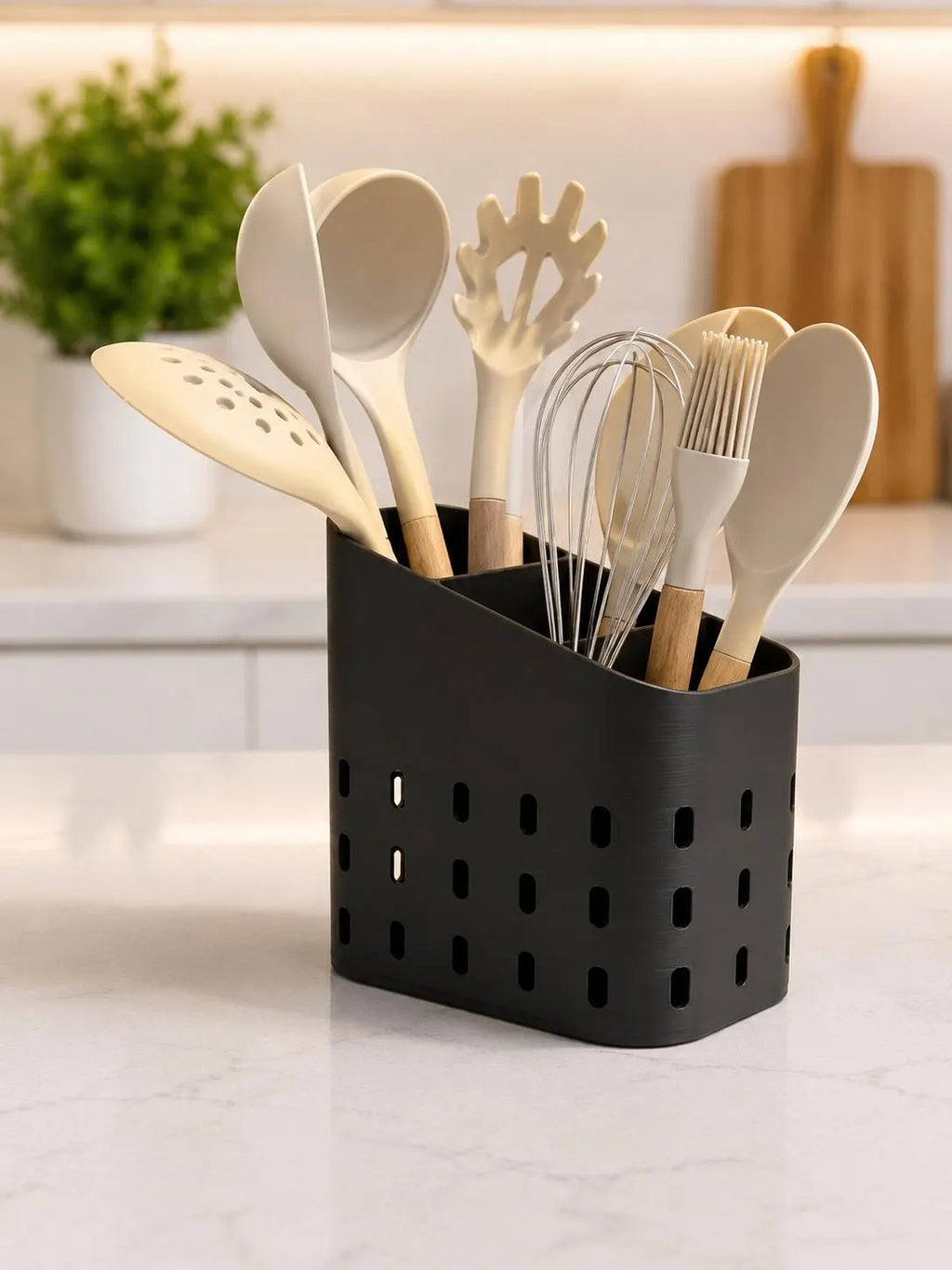 3 Compartment Kitchen Utensil Holder, Modern Countertop Utensil Organizer, 3D Printed Kitchen Tool Caddy, Spoon & Spatula Storage, Drainage