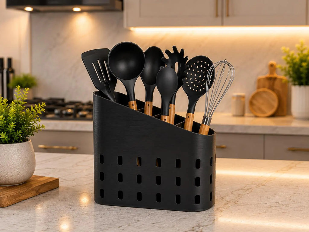 3 Compartment Kitchen Utensil Holder, Modern Countertop Utensil Organizer, 3D Printed Kitchen Tool Caddy, Spoon & Spatula Storage, Drainage