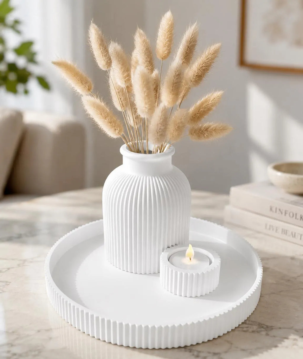 Modern Decorative Tray Set with Vase & Tealight Candle Holder | 3D Printed Minimalist Home Decor | Bathroom Vanity Decor | Coffee Table