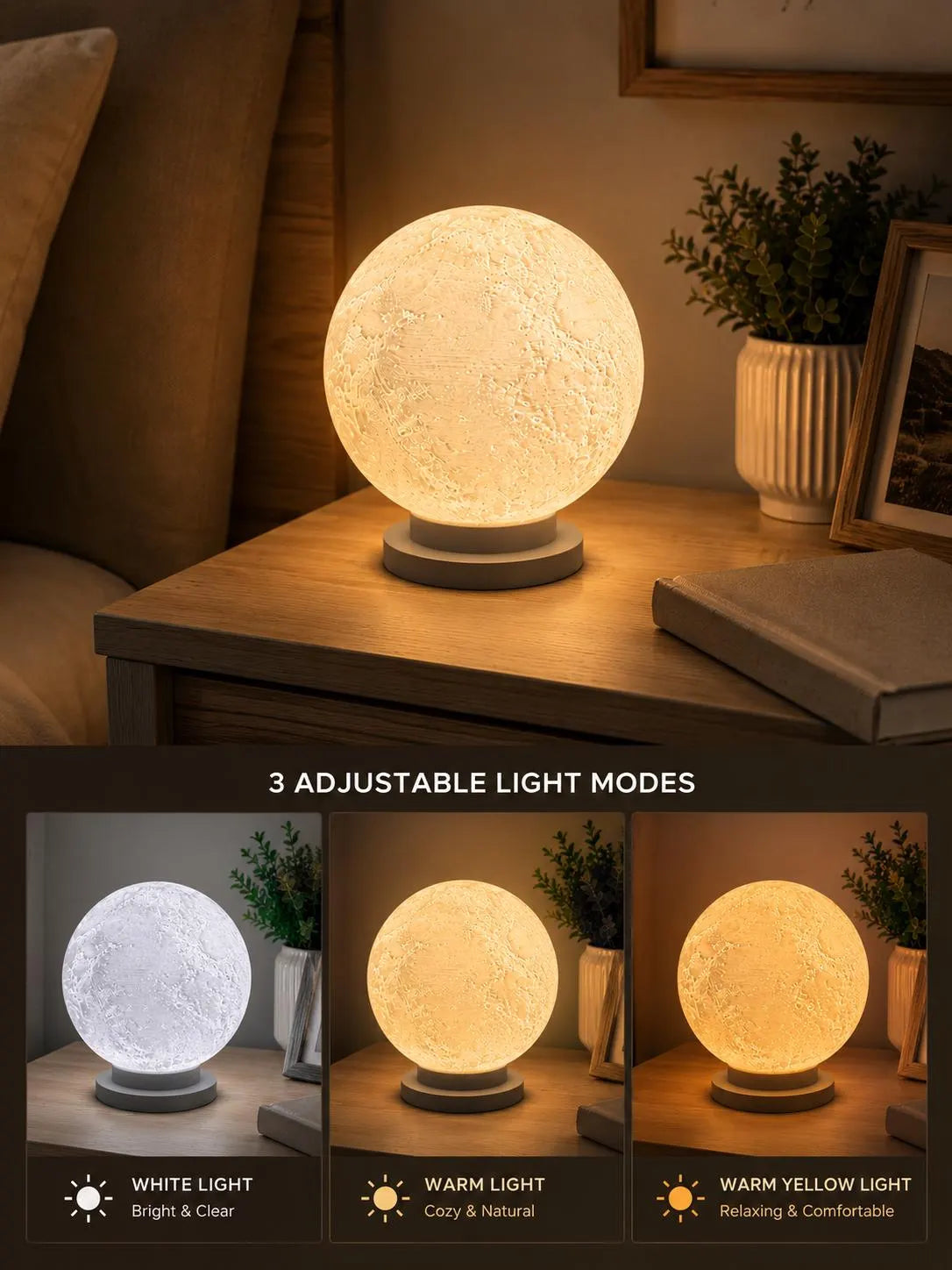 Moon Lamp, 3 Color LED Night Light, 3D Printed Lunar Lamp, Bedroom Bedside Decor, Touch Control, Gift for Her