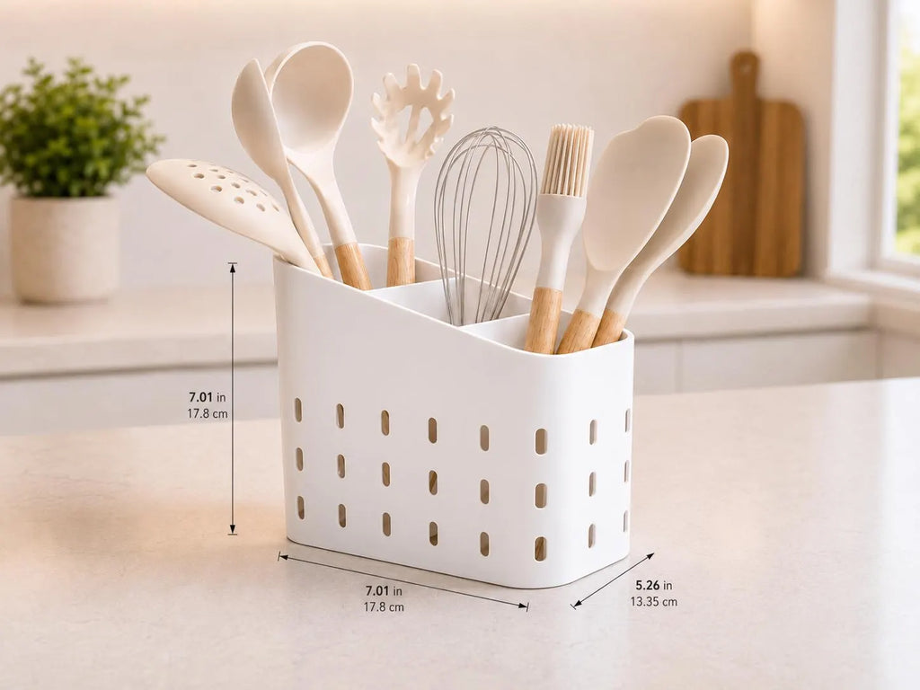 3 Compartment Kitchen Utensil Holder, Modern Countertop Utensil Organizer, 3D Printed Kitchen Tool Caddy, Spoon & Spatula Storage, Drainage