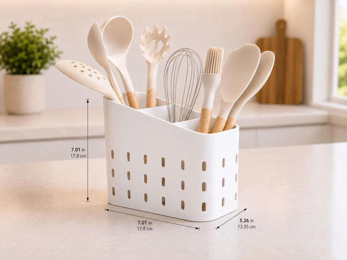 3 Compartment Kitchen Utensil Holder, Modern Countertop Utensil Organizer, 3D Printed Kitchen Tool Caddy, Spoon & Spatula Storage, Drainage