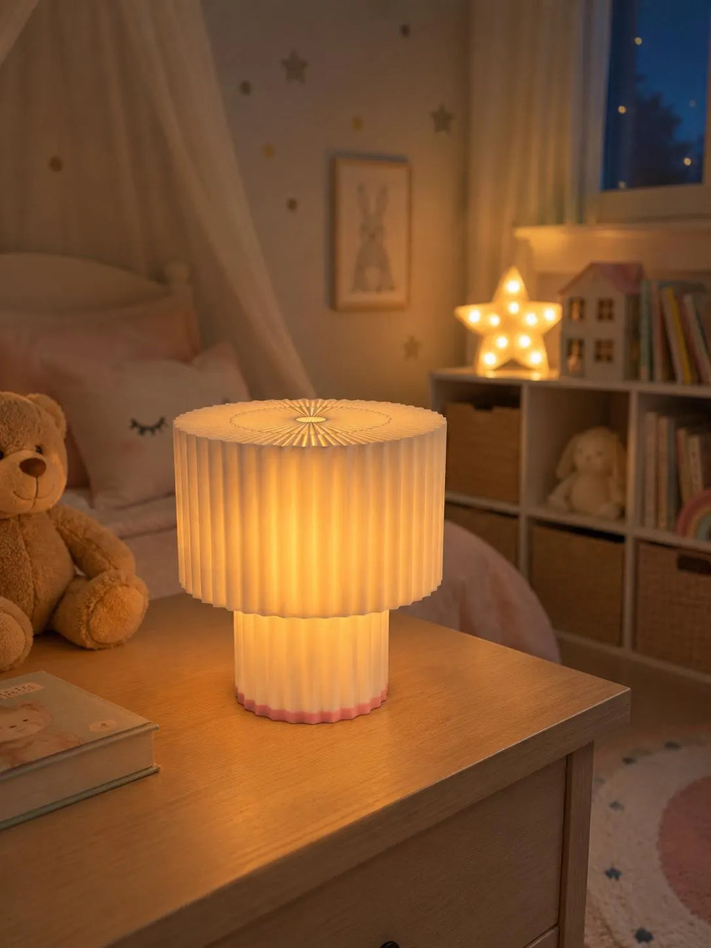 Modern Pleated Table Lamp, 3D Printed Bedside Lamp, Minimalist Night Light, Scandinavian Home Decor, Nursery Lamp, Warm Ambient Light