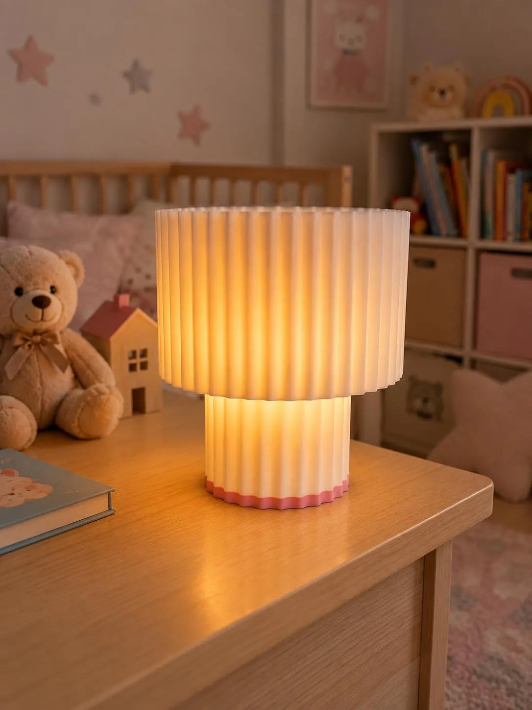 Modern Pleated Table Lamp, 3D Printed Bedside Lamp, Minimalist Night Light, Scandinavian Home Decor, Nursery Lamp, Warm Ambient Light