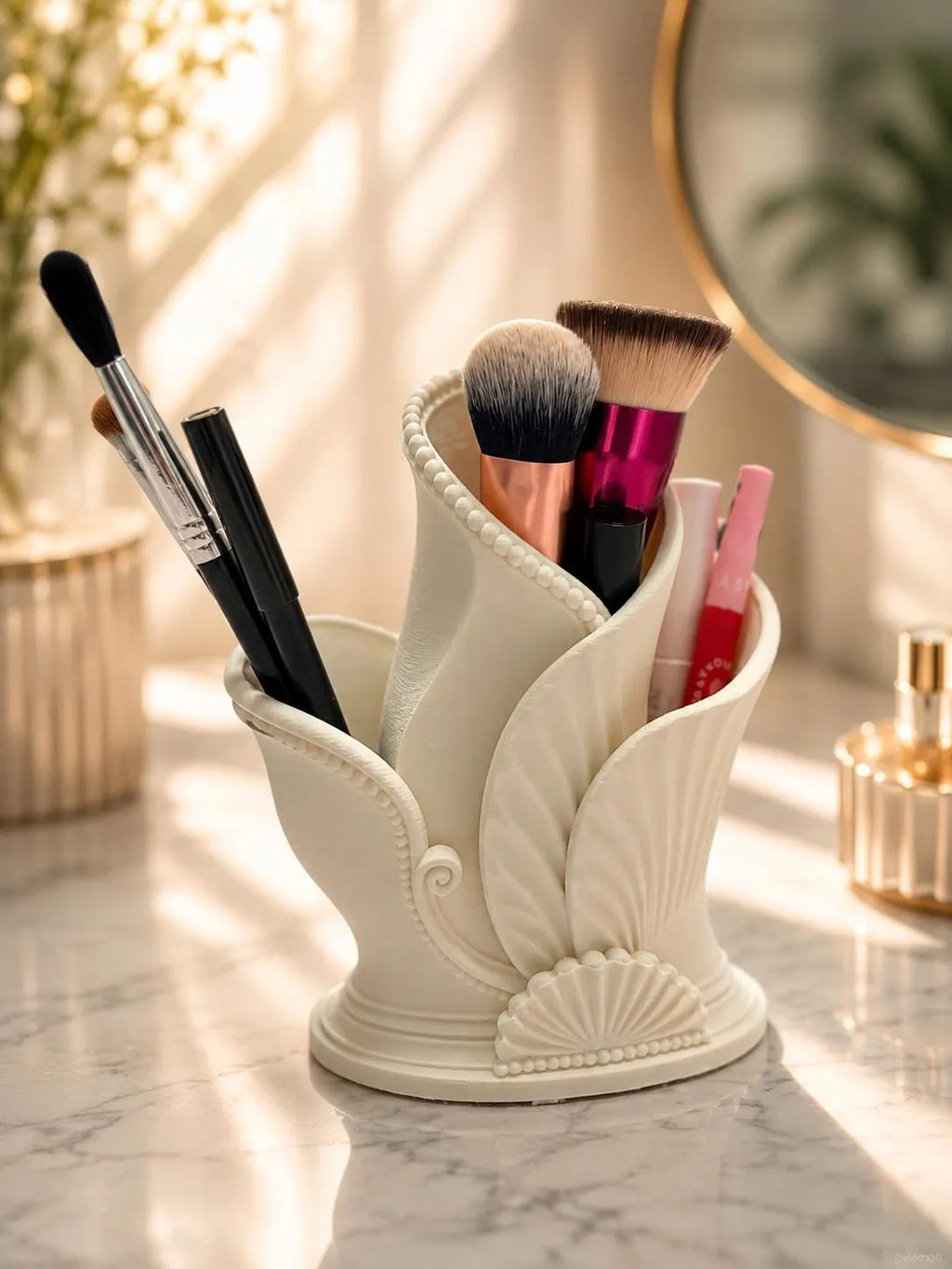 Makeup Brush Holder, Art Deco Vanity Organizer, Cosmetic Brush Holder, Makeup Organizer, Bathroom Counter Storage, 3D Printed Ceramic Look