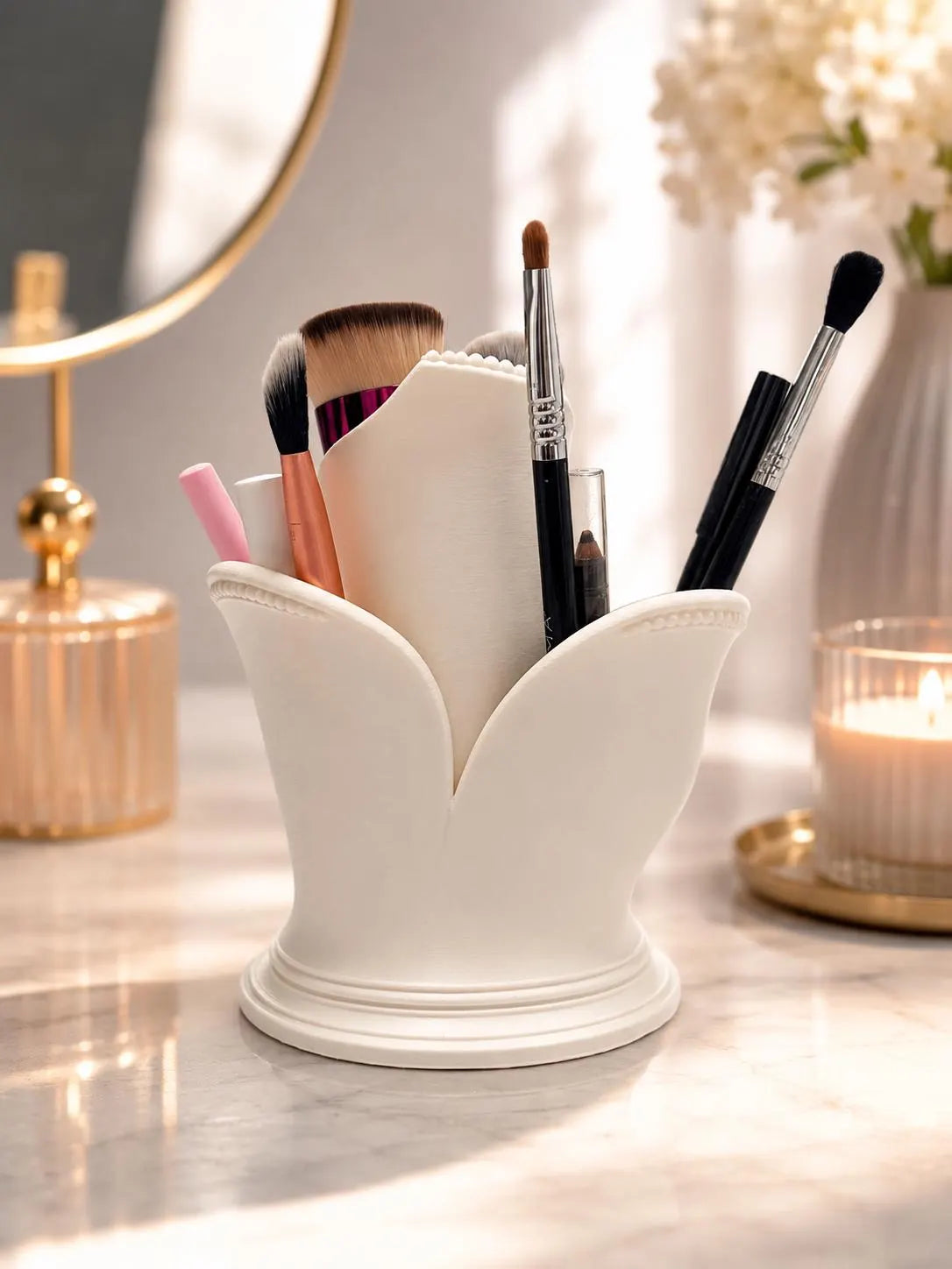 Makeup Brush Holder, Art Deco Vanity Organizer, Cosmetic Brush Holder, Makeup Organizer, Bathroom Counter Storage, 3D Printed Ceramic Look