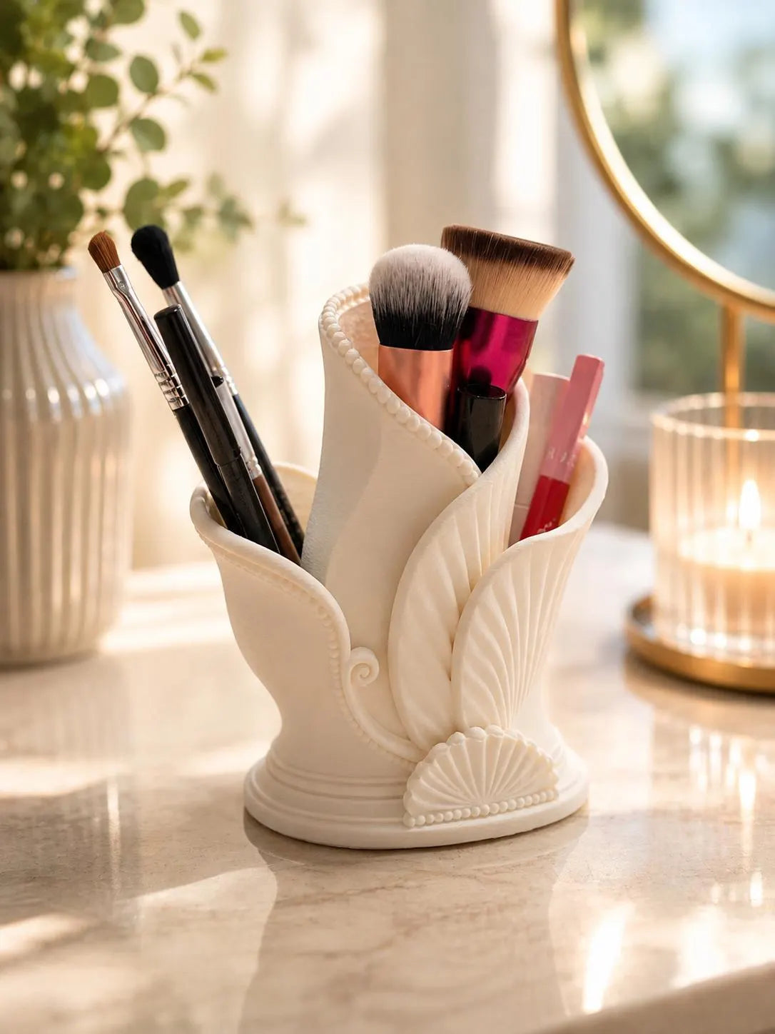 Makeup Brush Holder, Art Deco Vanity Organizer, Cosmetic Brush Holder, Makeup Organizer, Bathroom Counter Storage, 3D Printed Ceramic Look