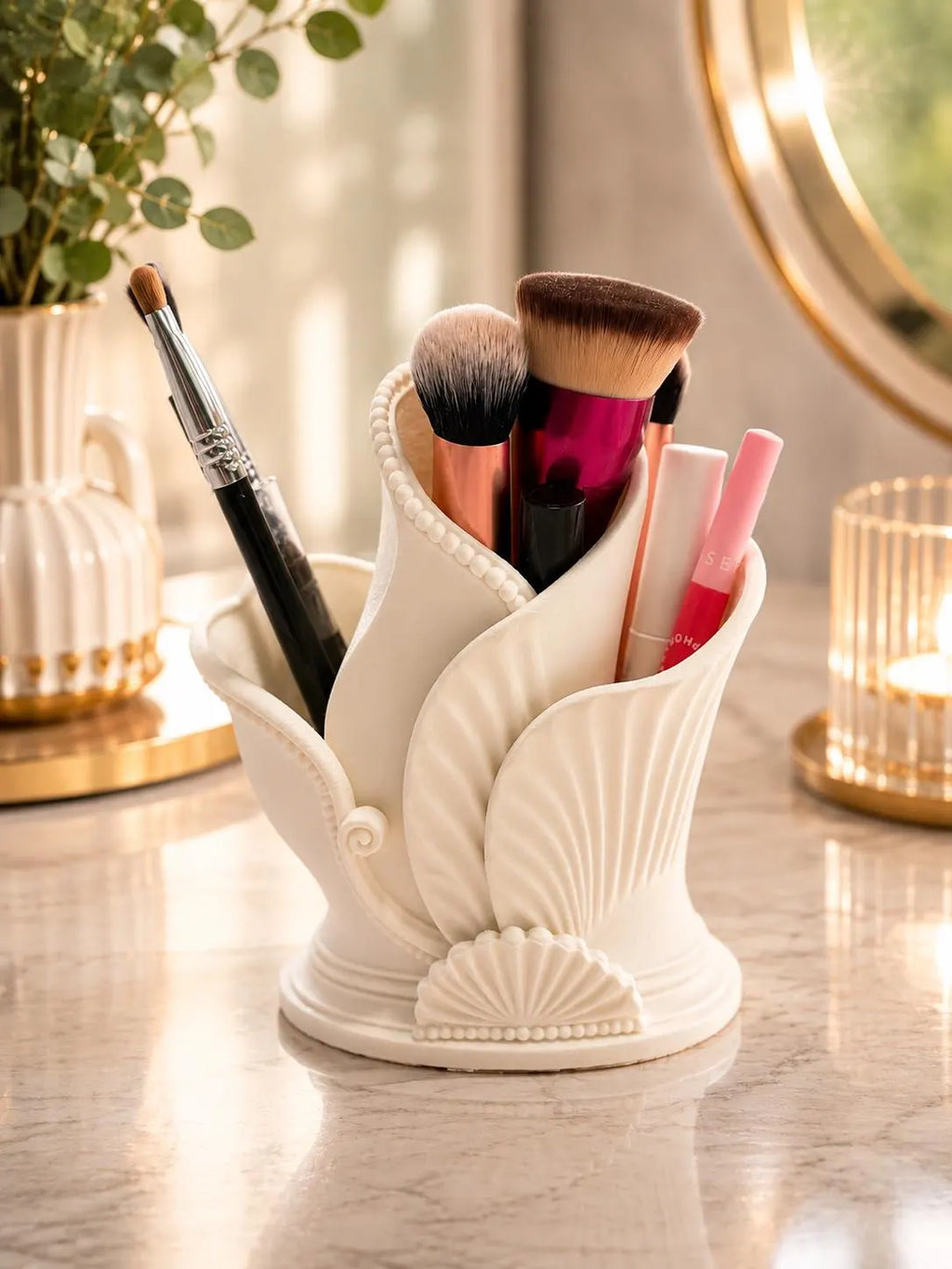 Makeup Brush Holder, Art Deco Vanity Organizer, Cosmetic Brush Holder, Makeup Organizer, Bathroom Counter Storage, 3D Printed Ceramic Look