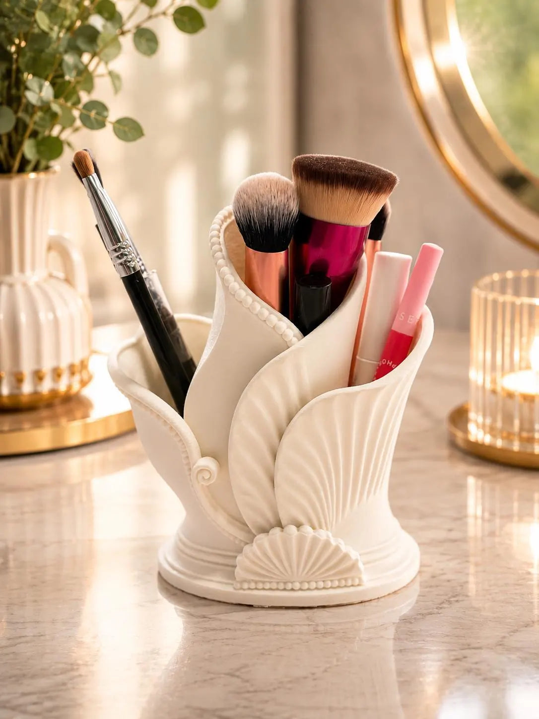 Makeup Brush Holder, Art Deco Vanity Organizer, Cosmetic Brush Holder, Makeup Organizer, Bathroom Counter Storage, 3D Printed Ceramic Look