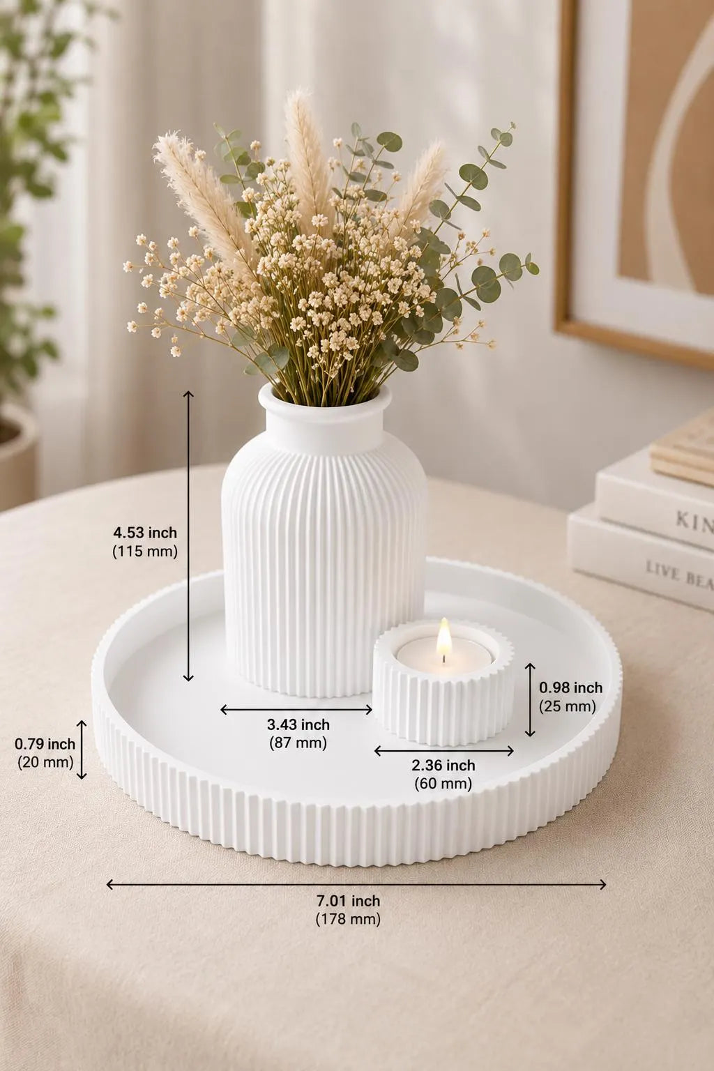 Modern Decorative Tray Set with Vase & Tealight Candle Holder | 3D Printed Minimalist Home Decor | Bathroom Vanity Decor | Coffee Table