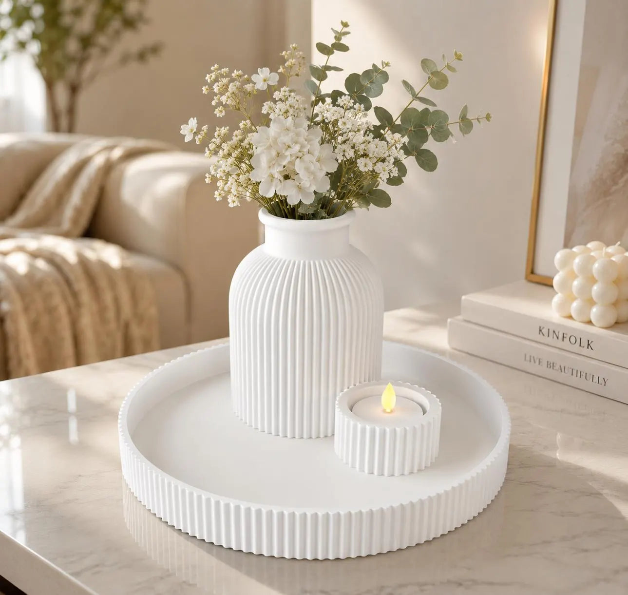 Modern Decorative Tray Set with Vase & Tealight Candle Holder | 3D Printed Minimalist Home Decor | Bathroom Vanity Decor | Coffee Table