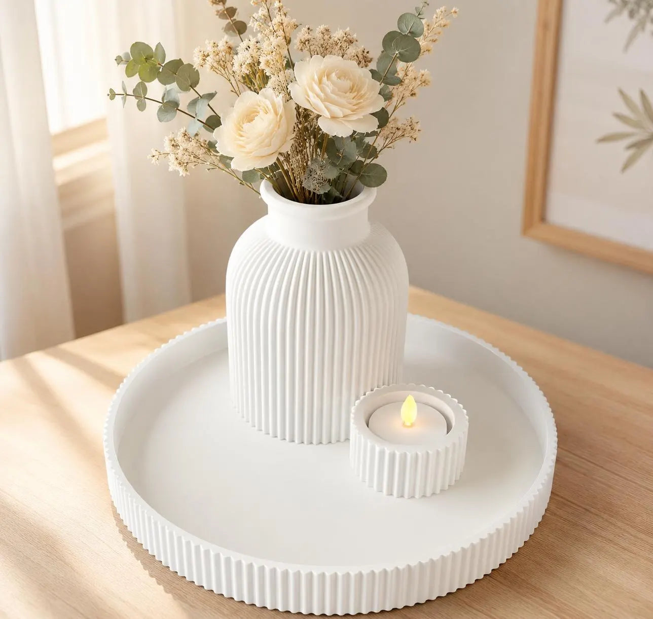 Modern Decorative Tray Set with Vase & Tealight Candle Holder | 3D Printed Minimalist Home Decor | Bathroom Vanity Decor | Coffee Table