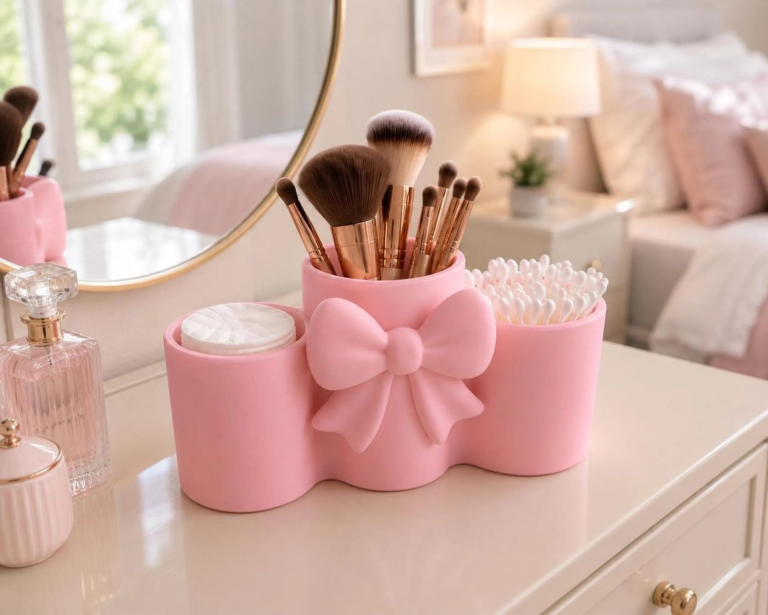 Bow Makeup Organizer with Cotton Pad & Q Tip Holder, 3-Compartment Vanity Storage in White or Pink