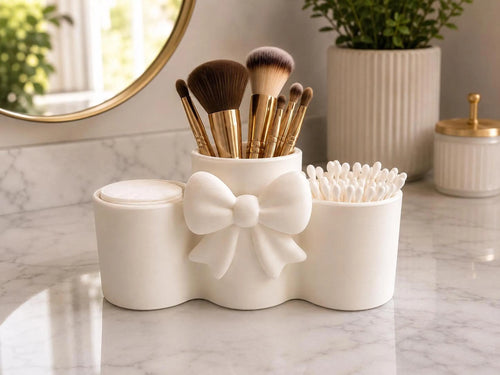 Bow Makeup Organizer with Cotton Pad & Q Tip Holder, 3-Compartment Vanity Storage in White or Pink