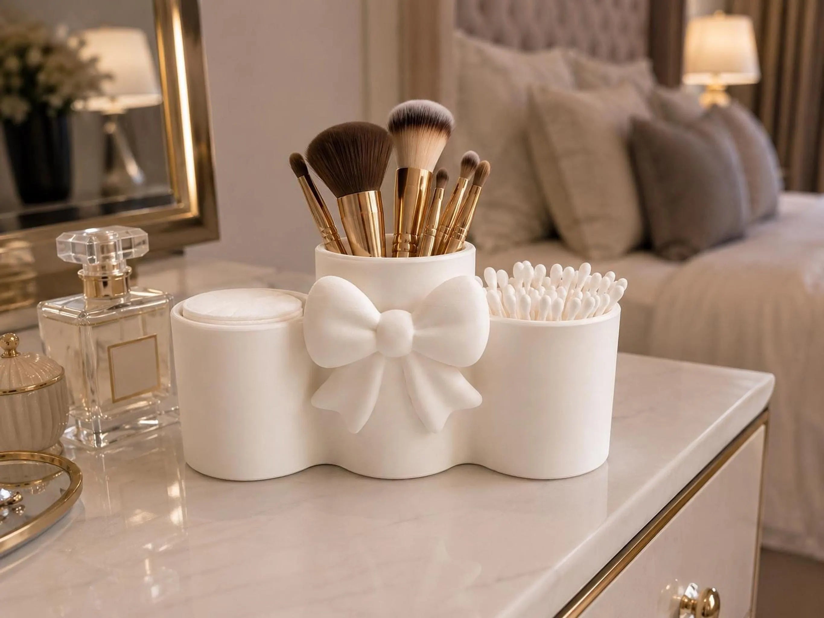 Bow Makeup Organizer with Cotton Pad & Q Tip Holder, 3-Compartment Vanity Storage in White or Pink