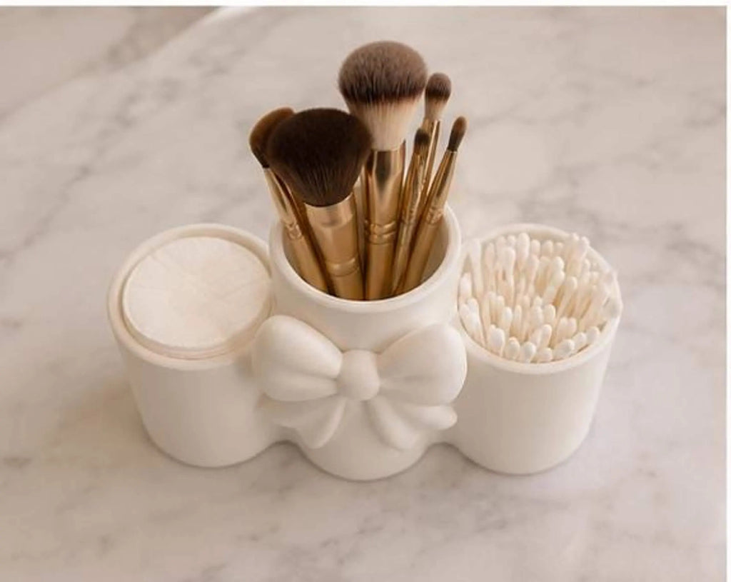 Bow Makeup Organizer with Cotton Pad & Q Tip Holder, 3-Compartment Vanity Storage in White or Pink
