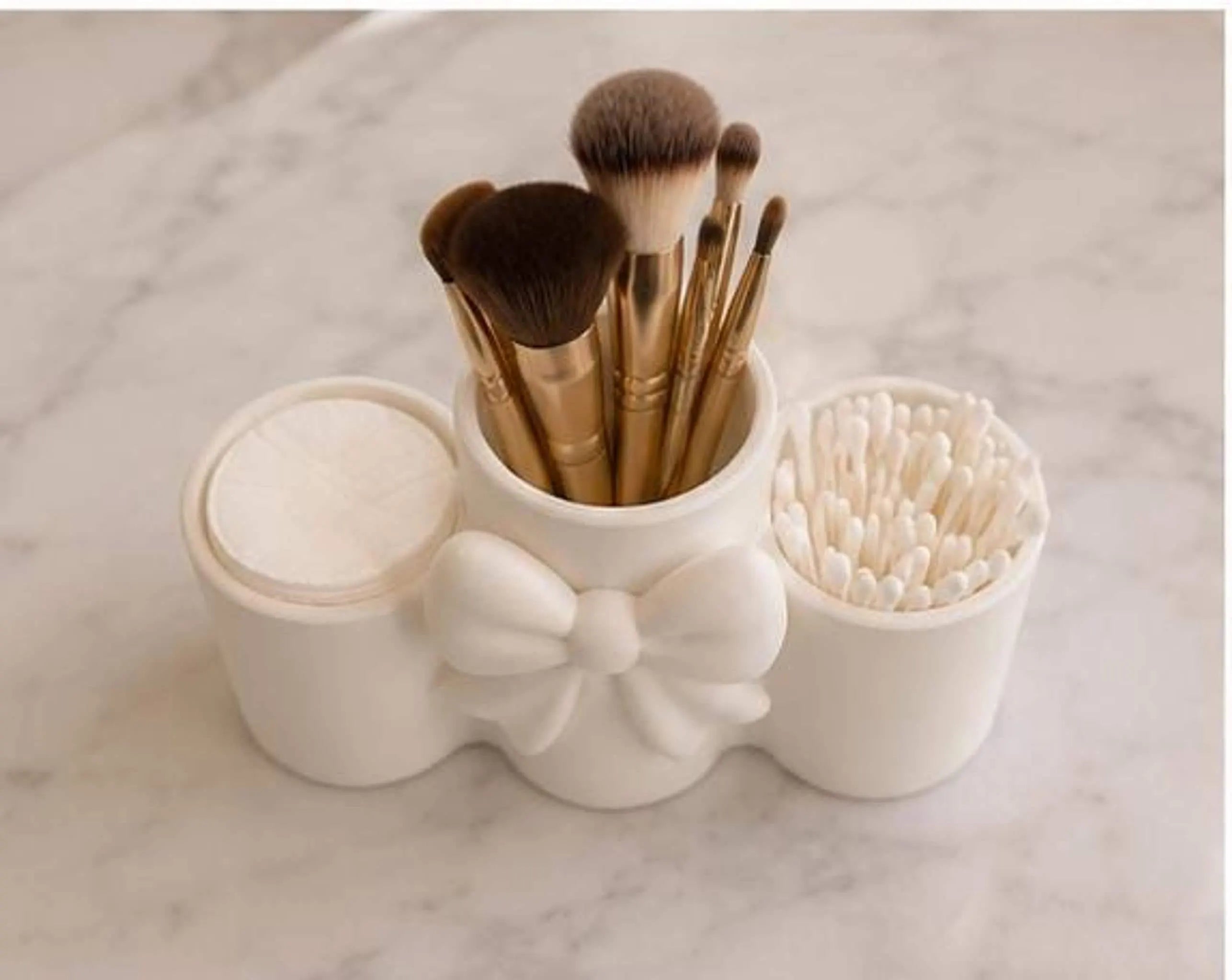 Bow Makeup Organizer with Cotton Pad & Q Tip Holder, 3-Compartment Vanity Storage in White or Pink