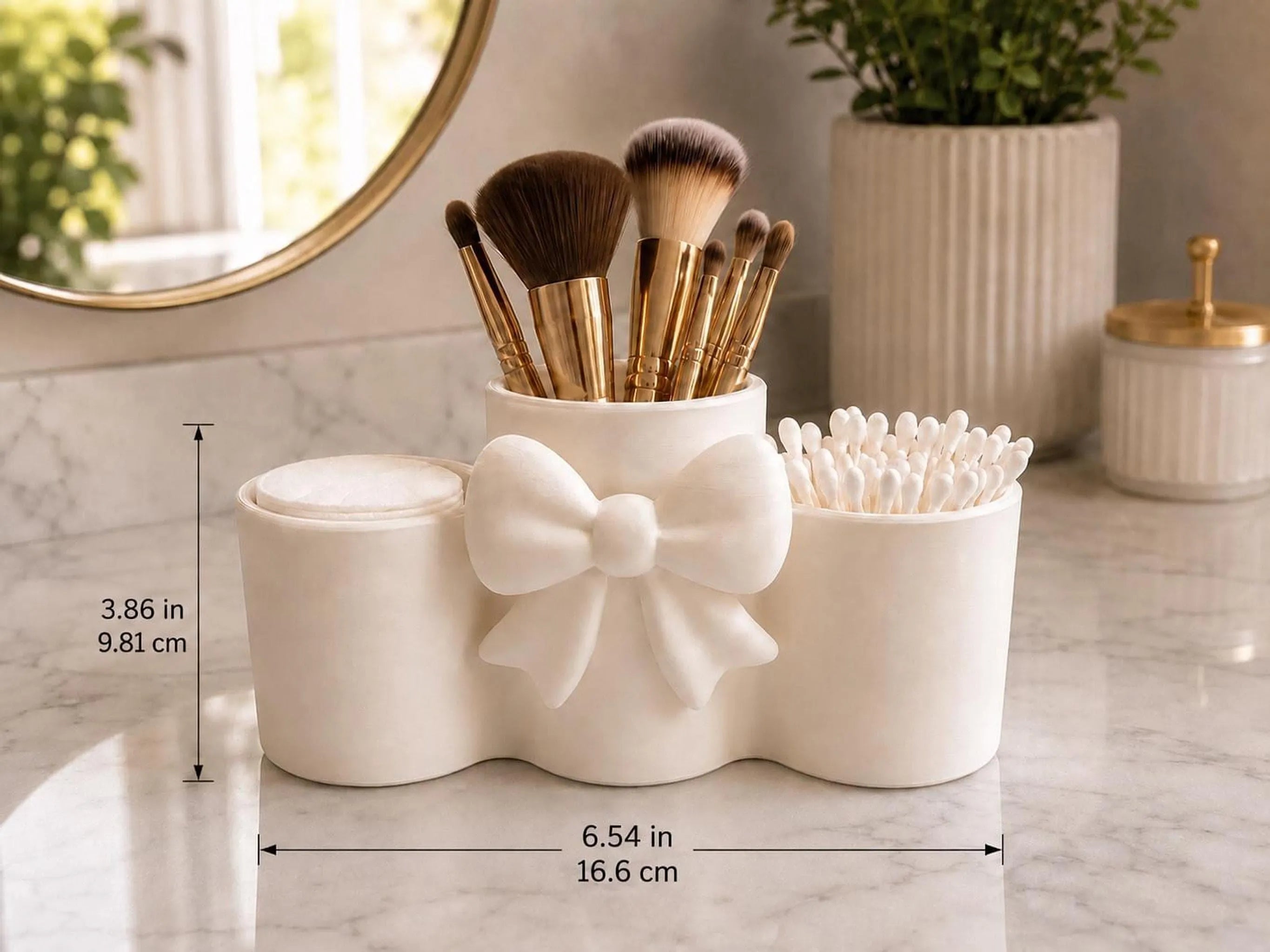 Bow Makeup Organizer with Cotton Pad & Q Tip Holder, 3-Compartment Vanity Storage in White or Pink