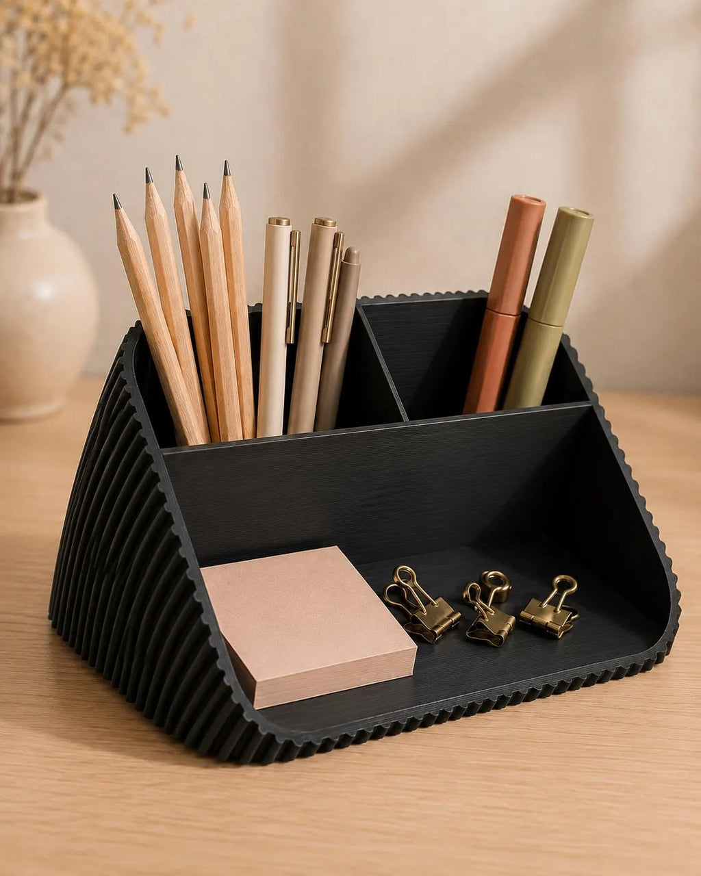 Modern Desk Organizer with Pen Holder, Sticky Note & Paper Clip Tray, 3D Printed Minimalist Office Storage, Home Office Gift