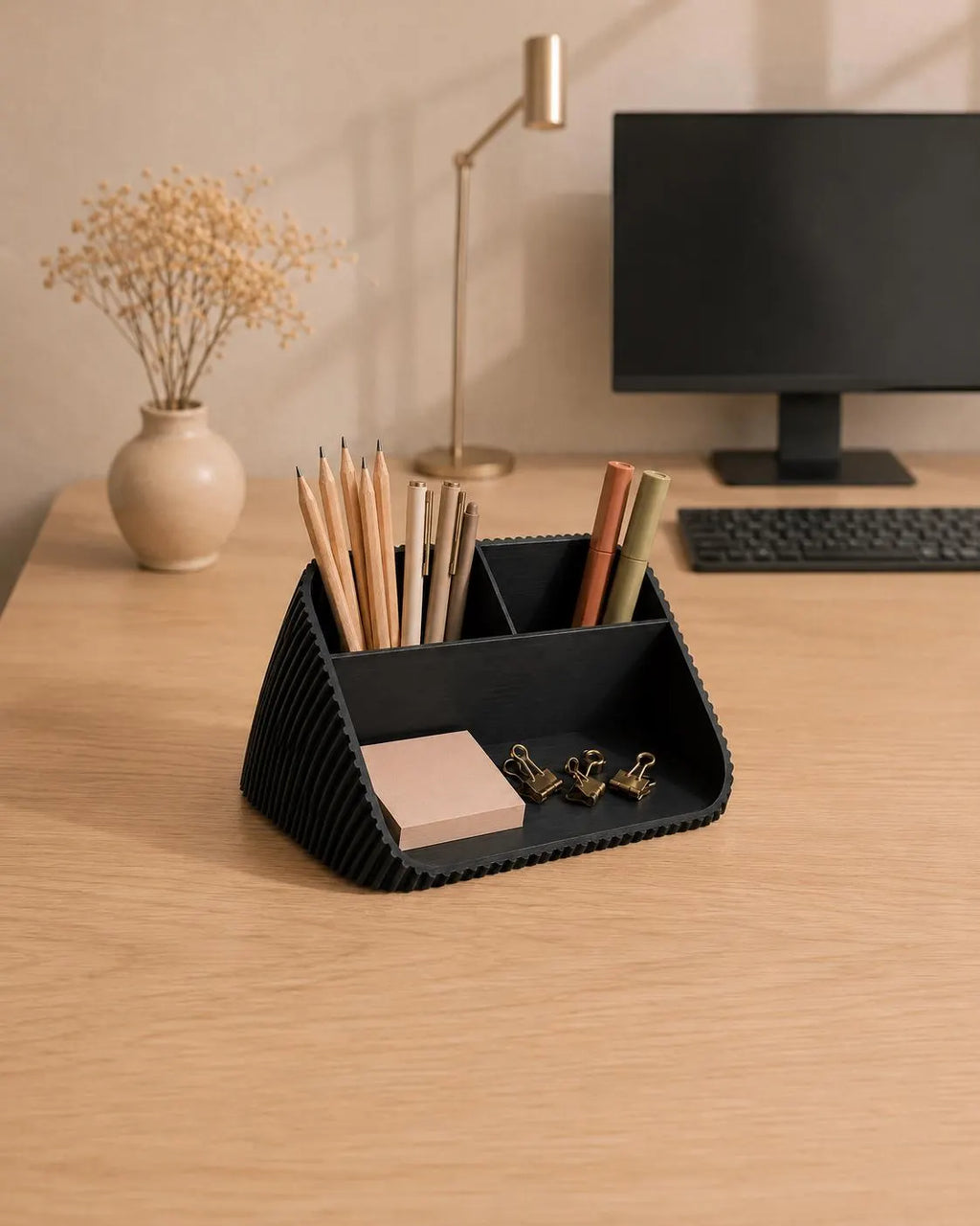Modern Desk Organizer with Pen Holder, Sticky Note & Paper Clip Tray, 3D Printed Minimalist Office Storage, Home Office Gift
