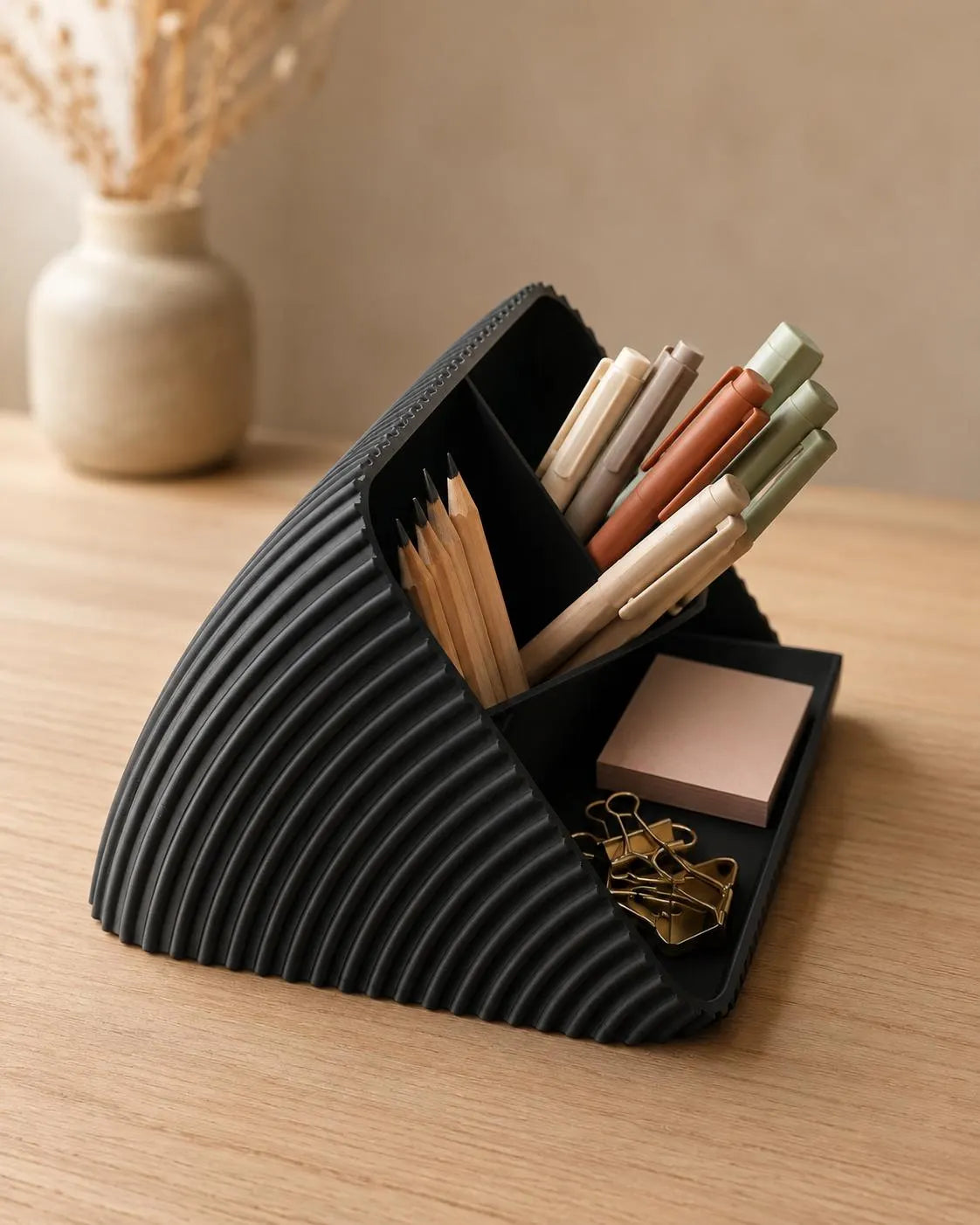 Modern Desk Organizer with Pen Holder, Sticky Note & Paper Clip Tray, 3D Printed Minimalist Office Storage, Home Office Gift