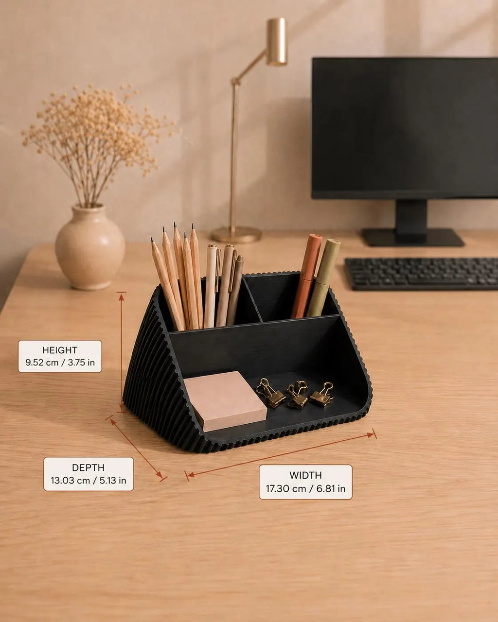 Modern Desk Organizer with Pen Holder, Sticky Note & Paper Clip Tray, 3D Printed Minimalist Office Storage, Home Office Gift