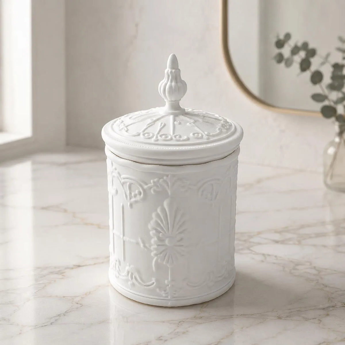 Ornate Cotton Ball Holder with Lid, Vintage Bathroom Vanity Jar, Victorian Cosmetic Storage, Elegant 3D Printed Bathroom Decor, Rococo Decor