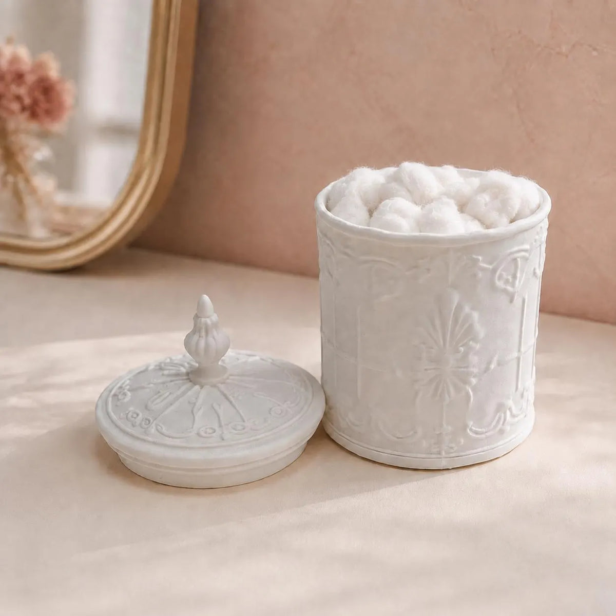 Ornate Cotton Ball Holder with Lid, Vintage Bathroom Vanity Jar, Victorian Cosmetic Storage, Elegant 3D Printed Bathroom Decor, Rococo Decor