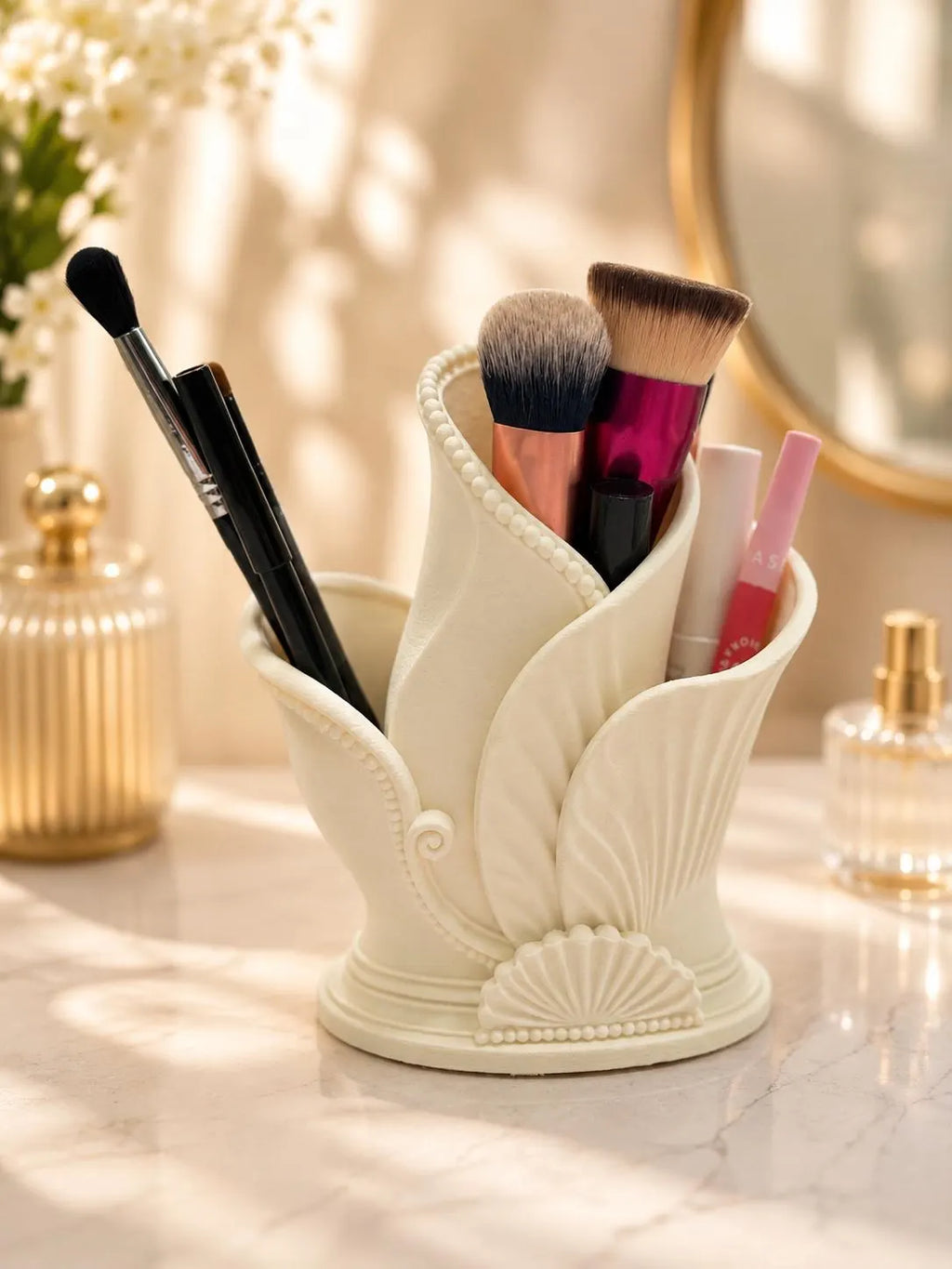 Makeup Brush Holder, Art Deco Vanity Organizer, Cosmetic Brush Holder, Makeup Organizer, Bathroom Counter Storage, 3D Printed Ceramic Look