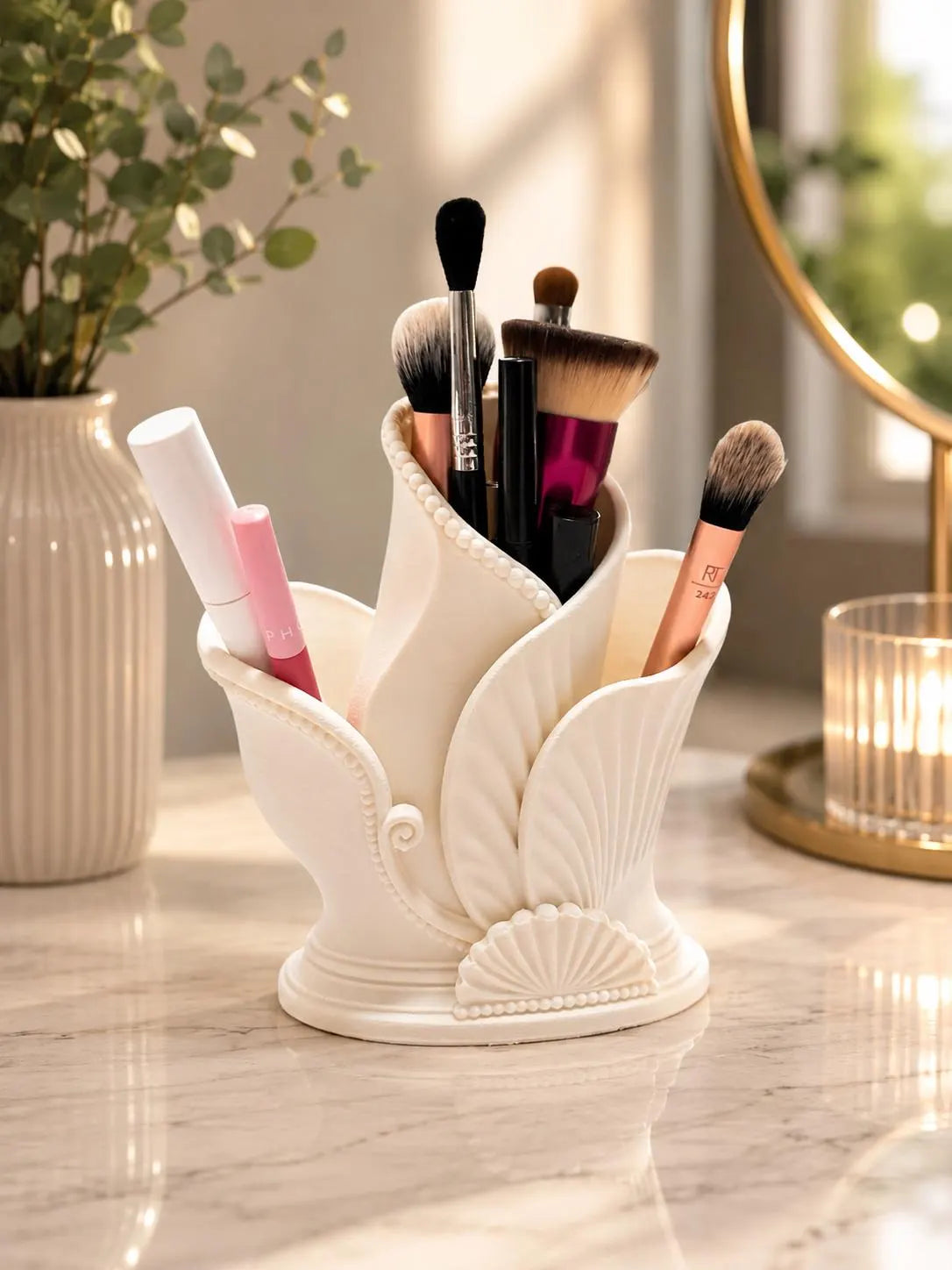 Makeup Brush Holder, Art Deco Vanity Organizer, Cosmetic Brush Holder, Makeup Organizer, Bathroom Counter Storage, 3D Printed Ceramic Look