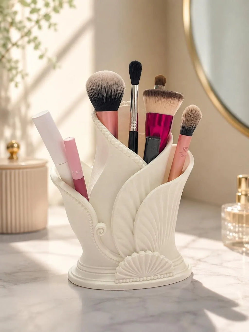 Makeup Brush Holder, Art Deco Vanity Organizer, Cosmetic Brush Holder, Makeup Organizer, Bathroom Counter Storage, 3D Printed Ceramic Look