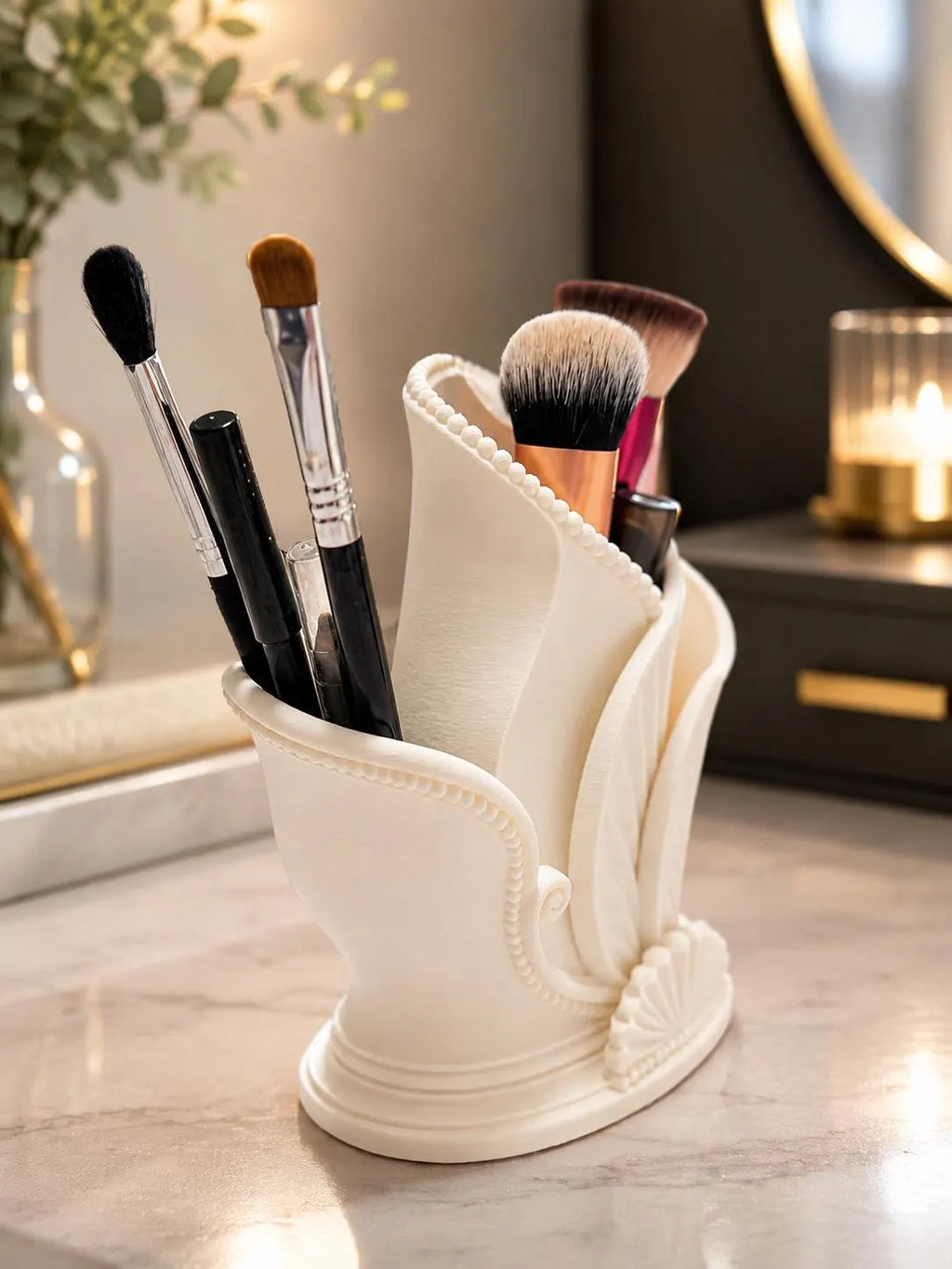 Makeup Brush Holder, Art Deco Vanity Organizer, Cosmetic Brush Holder, Makeup Organizer, Bathroom Counter Storage, 3D Printed Ceramic Look