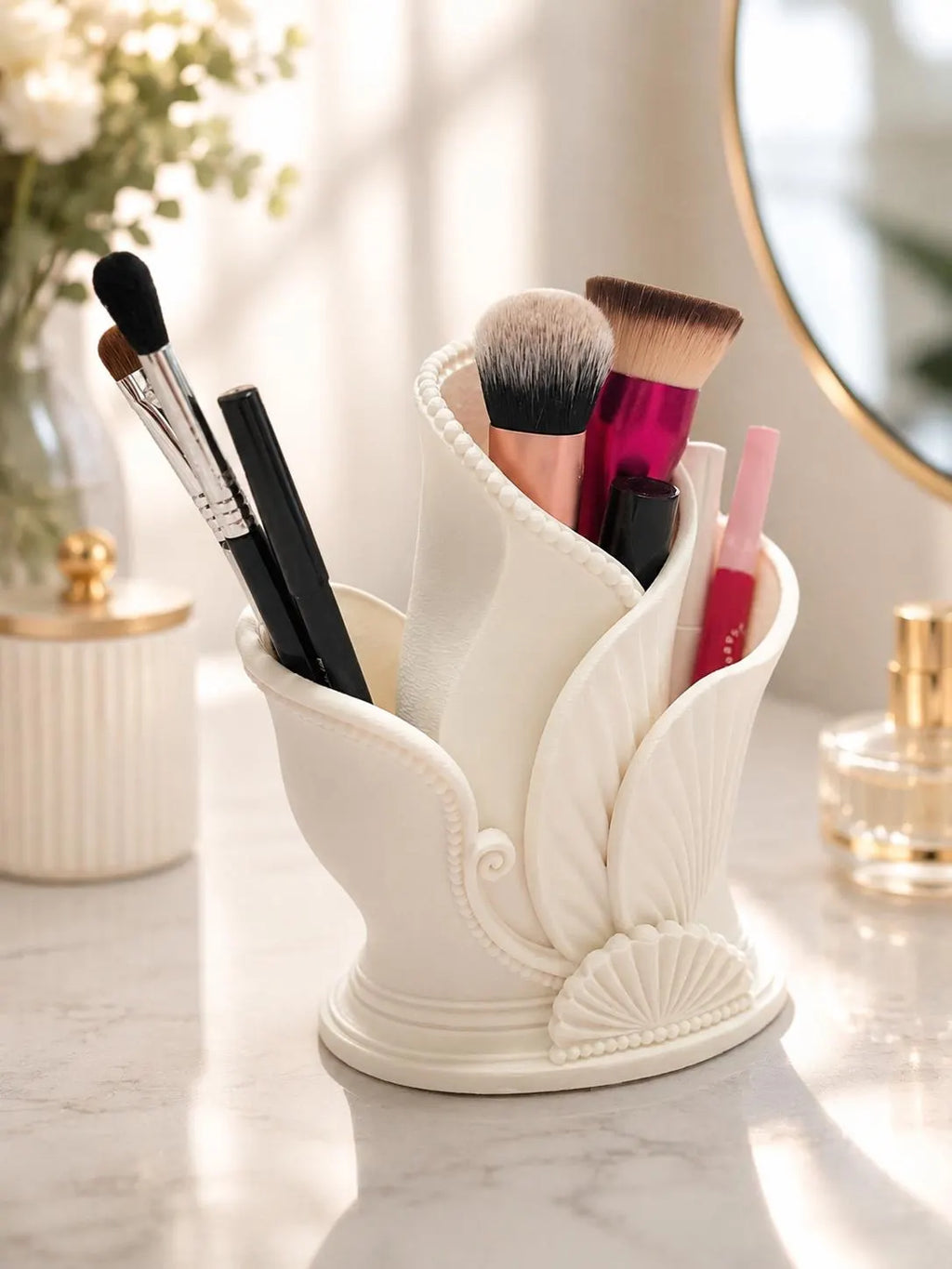 Makeup Brush Holder, Art Deco Vanity Organizer, Cosmetic Brush Holder, Makeup Organizer, Bathroom Counter Storage, 3D Printed Ceramic Look