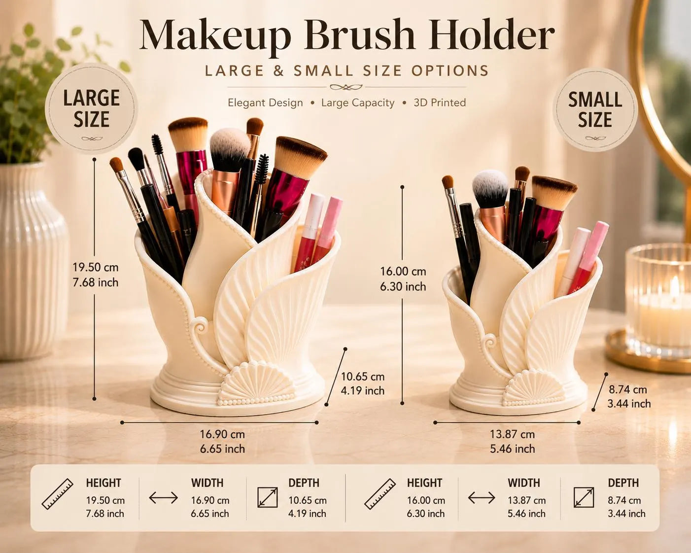 Makeup Brush Holder, Art Deco Vanity Organizer, Cosmetic Brush Holder, Makeup Organizer, Bathroom Counter Storage, 3D Printed Ceramic Look