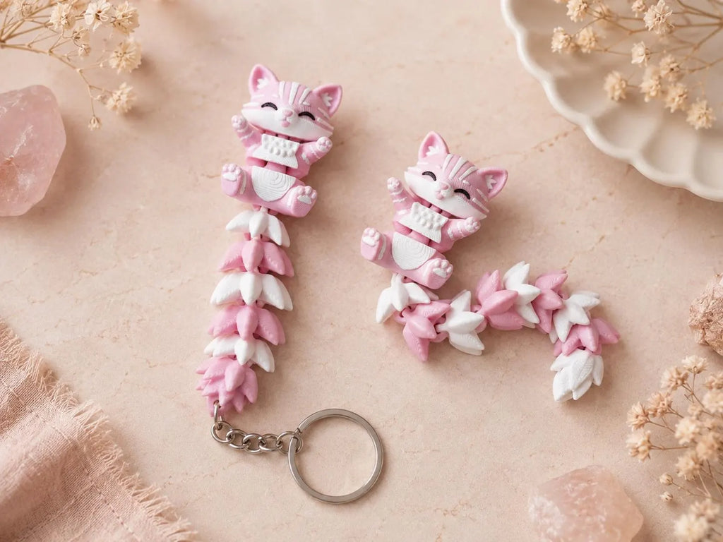 Articulated Cat Keychain, 3D Printed Fidget Keychain, Cute Kawaii Cat Bag Charm, Flexible Cat Key Ring, Gift for Cat Lovers