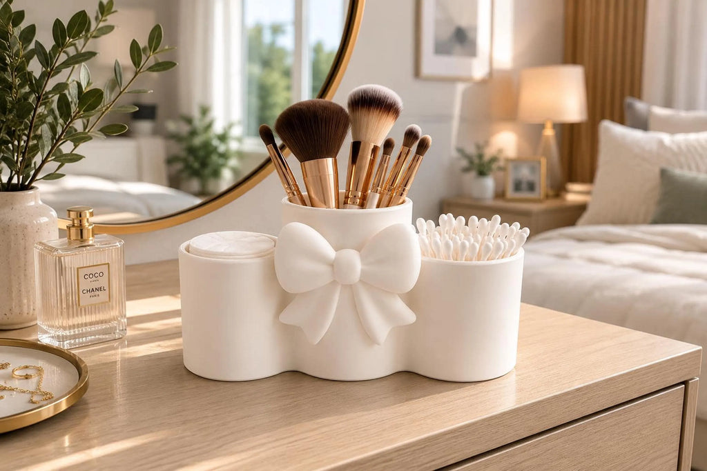 Bow Makeup Organizer with Cotton Pad & Q Tip Holder, 3-Compartment Vanity Storage in White or Pink