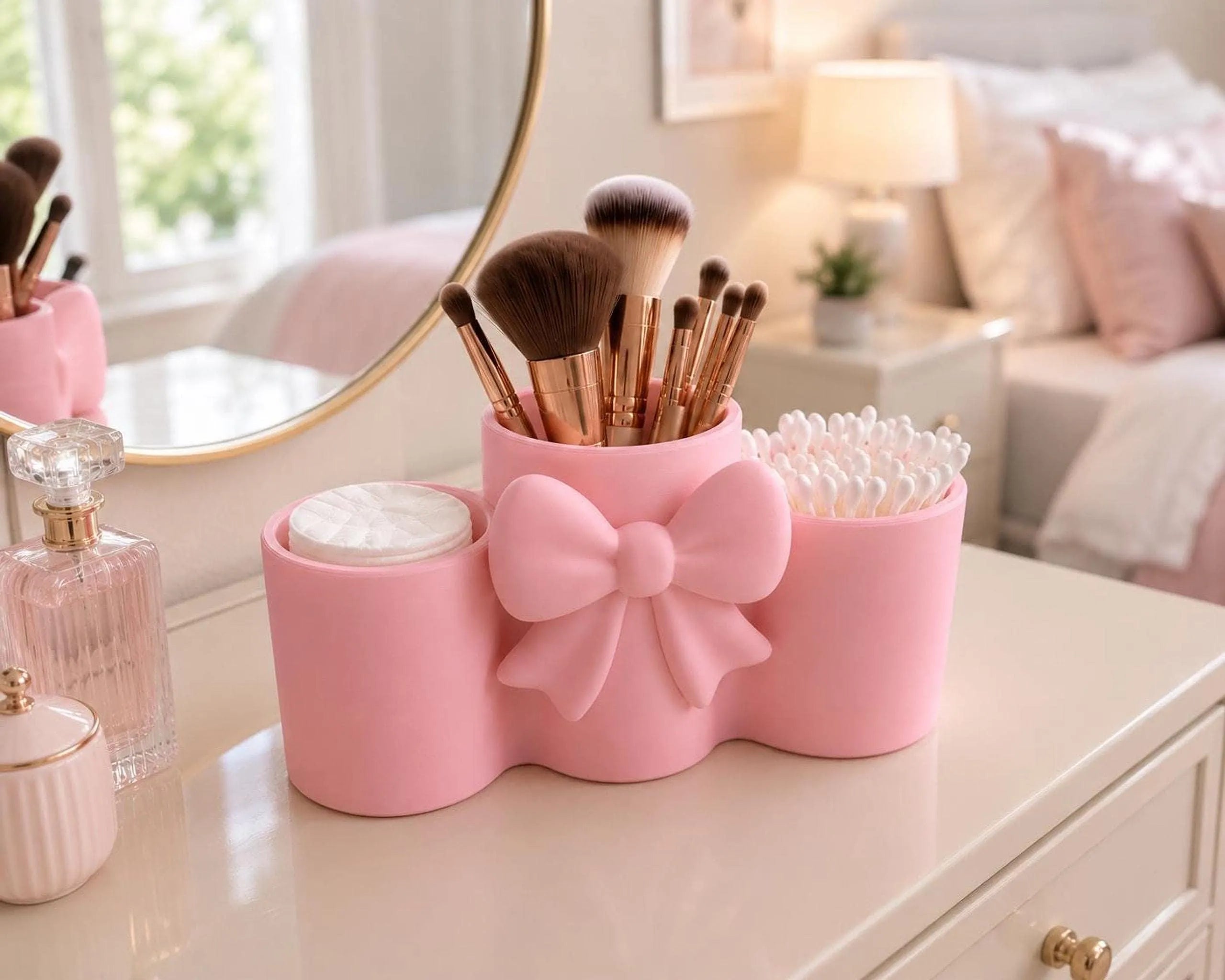 Bow Makeup Organizer with Cotton Pad & Q Tip Holder, 3-Compartment Vanity Storage in White or Pink