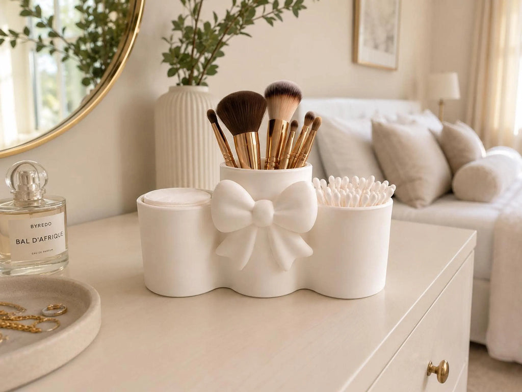 Bow Makeup Organizer with Cotton Pad & Q Tip Holder, 3-Compartment Vanity Storage in White or Pink
