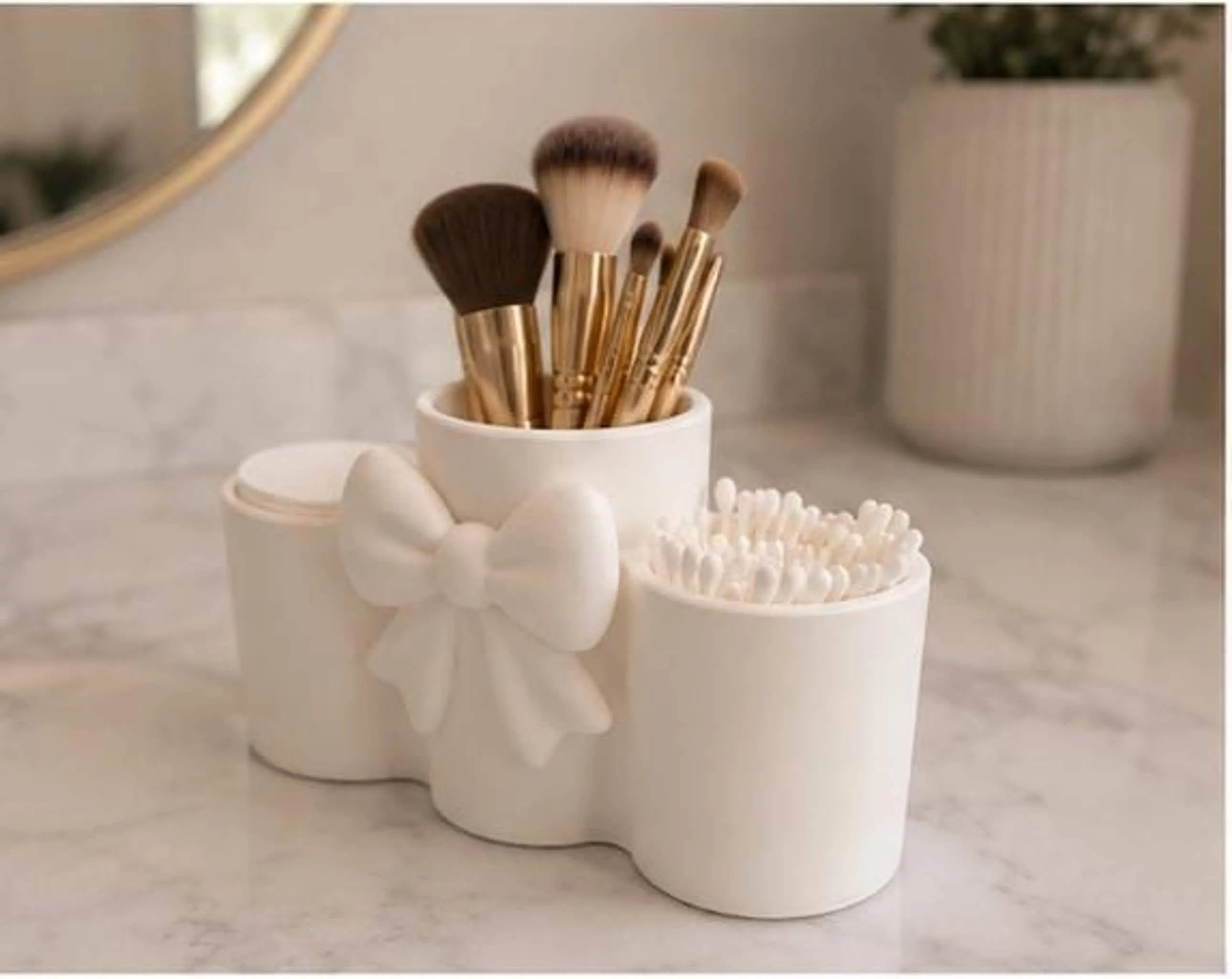Bow Makeup Organizer with Cotton Pad & Q Tip Holder, 3-Compartment Vanity Storage in White or Pink