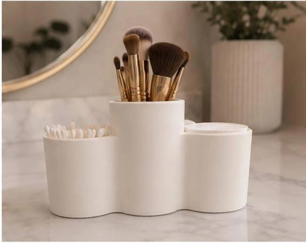 Bow Makeup Organizer with Cotton Pad & Q Tip Holder, 3-Compartment Vanity Storage in White or Pink