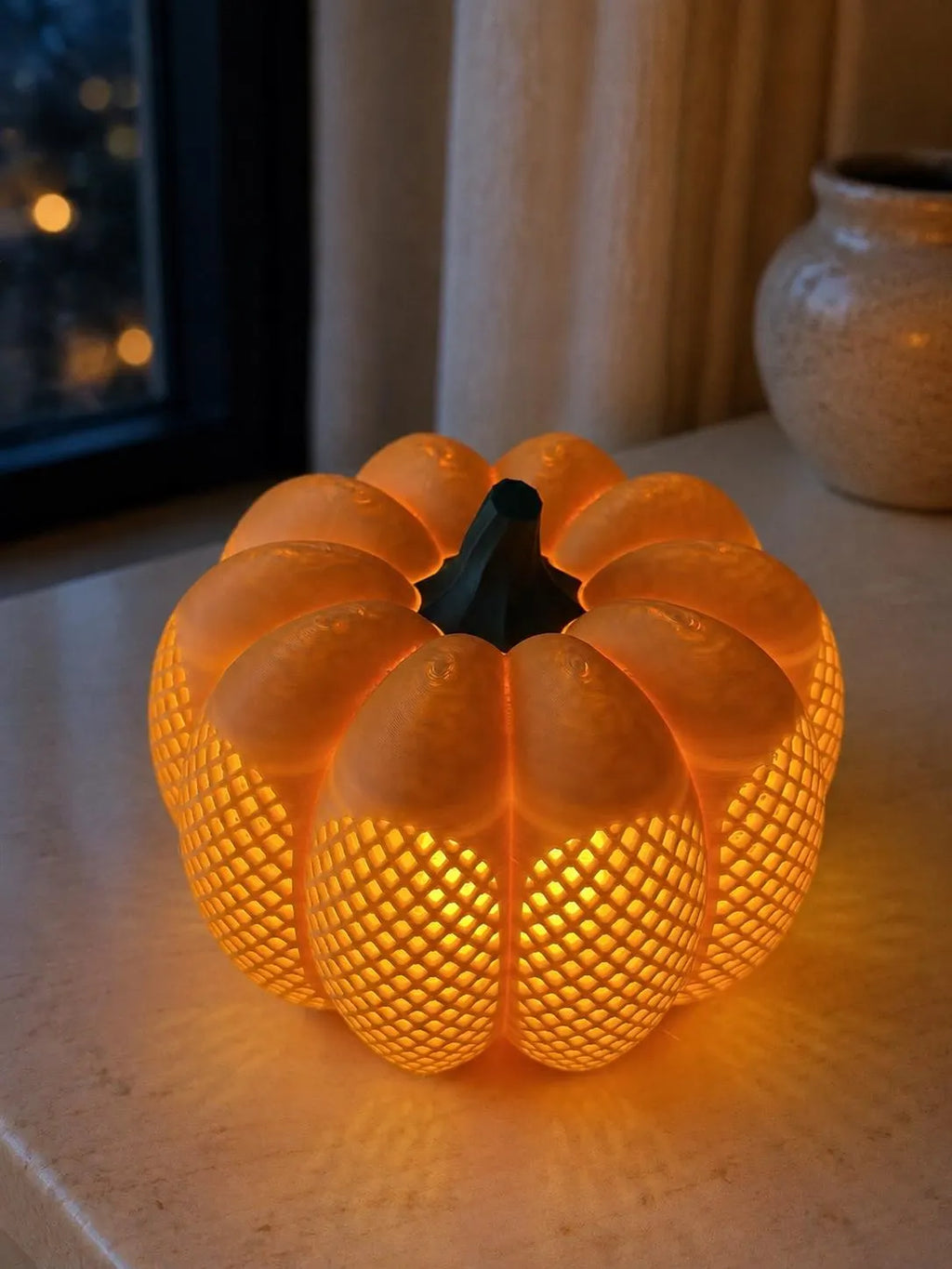 Orange Lattice Pumpkin Lantern, 3D Printed LED Tea Light Holder, Fall and Halloween Decor
