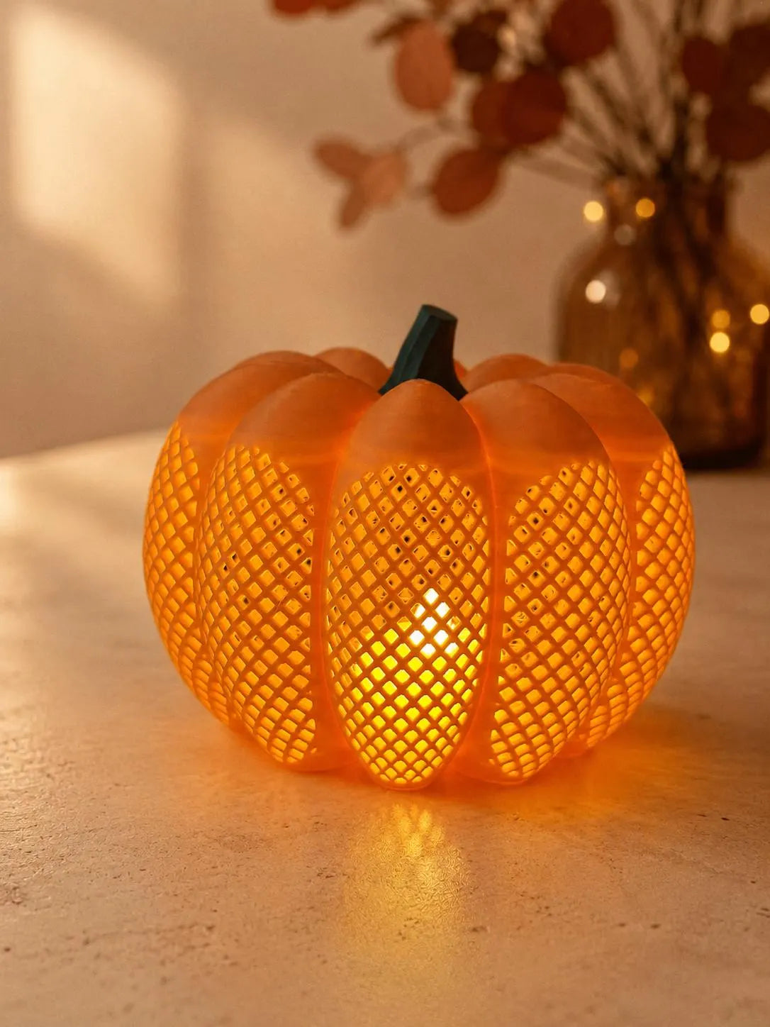 Orange Lattice Pumpkin Lantern, 3D Printed LED Tea Light Holder, Fall and Halloween Decor